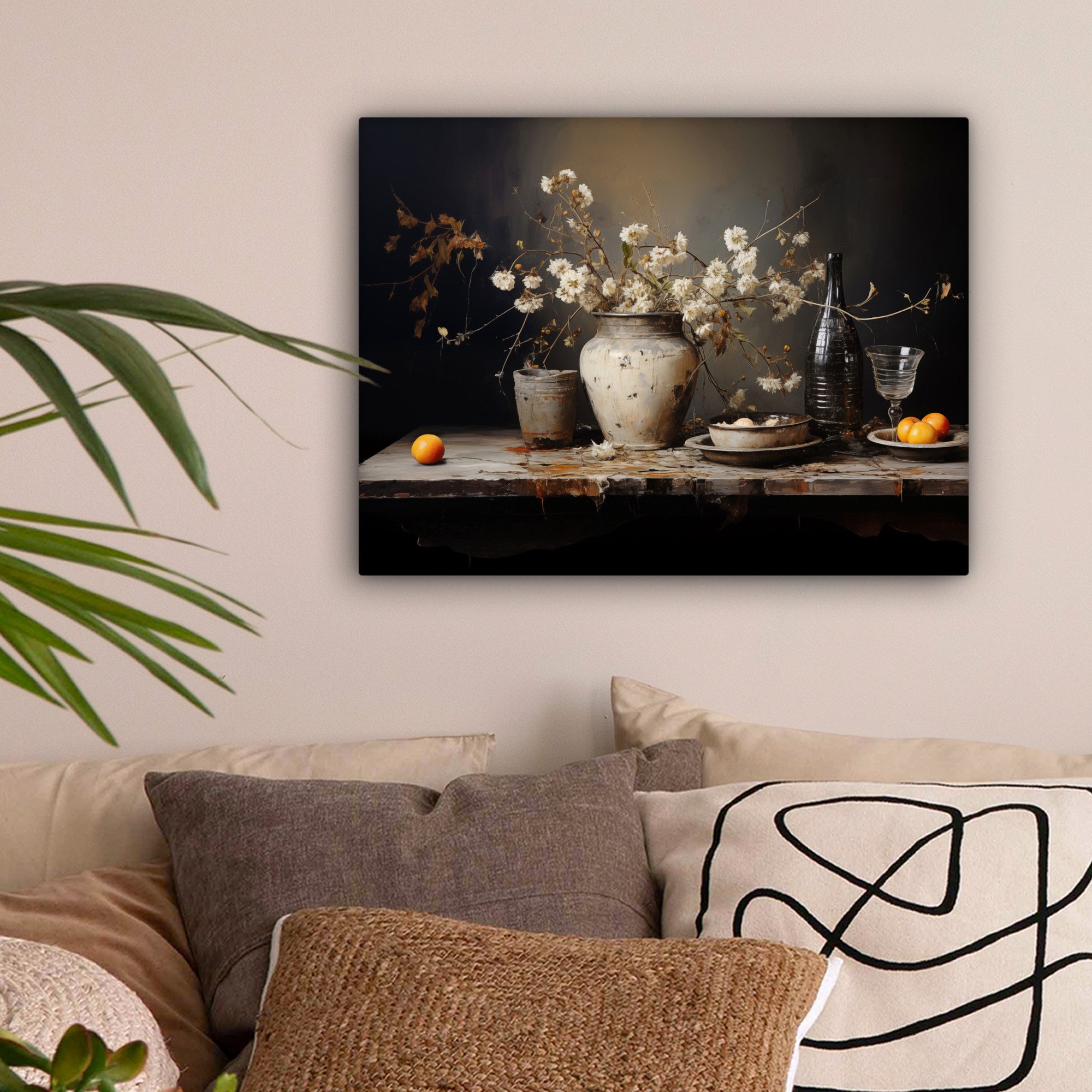 OneMillionCanvasses® Leinwandbild Stilleben - Blumen - Blumenstrauß - Vase - Wein, Fotodruck (1 St), Wandbild Leinwandbilder, Aufhängefertig, Wanddeko 40x30 cm