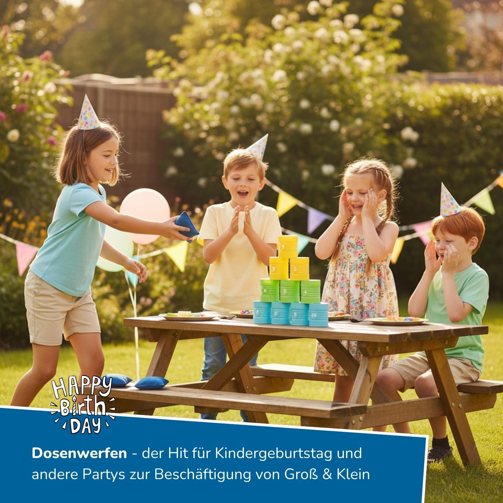 alldoro Spiel XXL Kinderparty-Set, 42 Teile, Dosenwerfen, Sackhüpfen, Eierlauf usw., 6 Spiele für Kindergeburtstag, drinnen & draußen, Kinder ab 3 Jahre