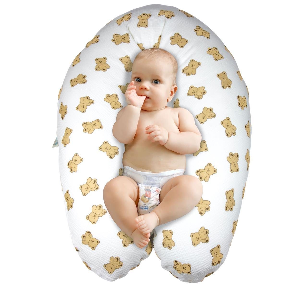 Baby Babynest - XXL Bezug SEI Erstausstattung Stillkissen Seitenschläferkissen 190x30 XXL cm, 100% Baumwolle Kissen Design Neugeborene,