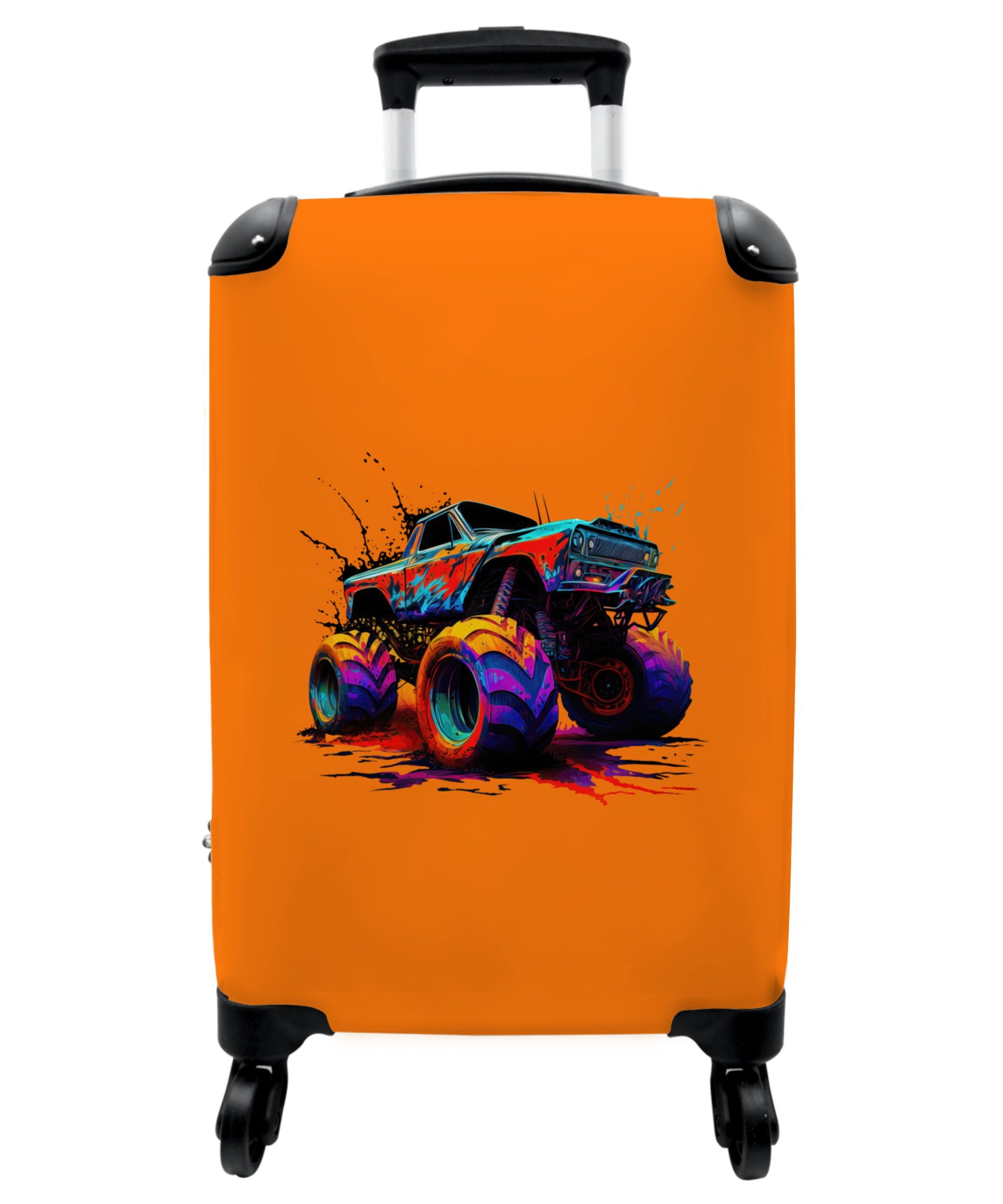 NoBoringSuitcases.com© Kinderkoffer Monstertruck - Neon - Farbe - Orange 55x35x20cm, 4 Rollen, Kindertrolley, Handgepäck, Reisekoffer für Jungen