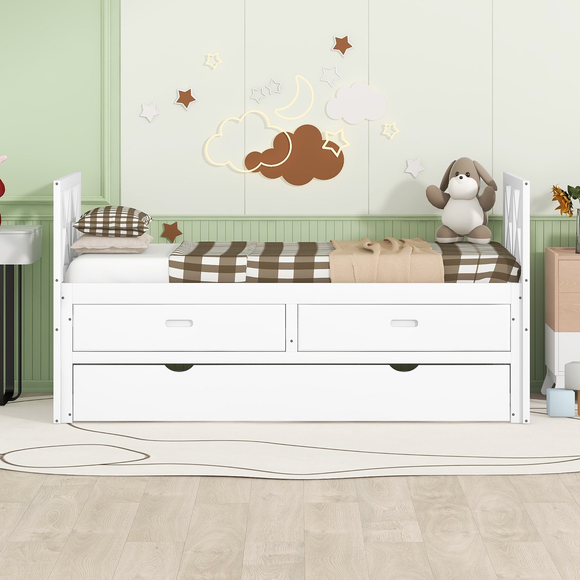 Flieks Daybett (mit 2 Schubladen und ausziehbarem Unterbett 90*190cm),  Tagesbett Kinderbett mit Lattenrost Kiefer 90*200cm
