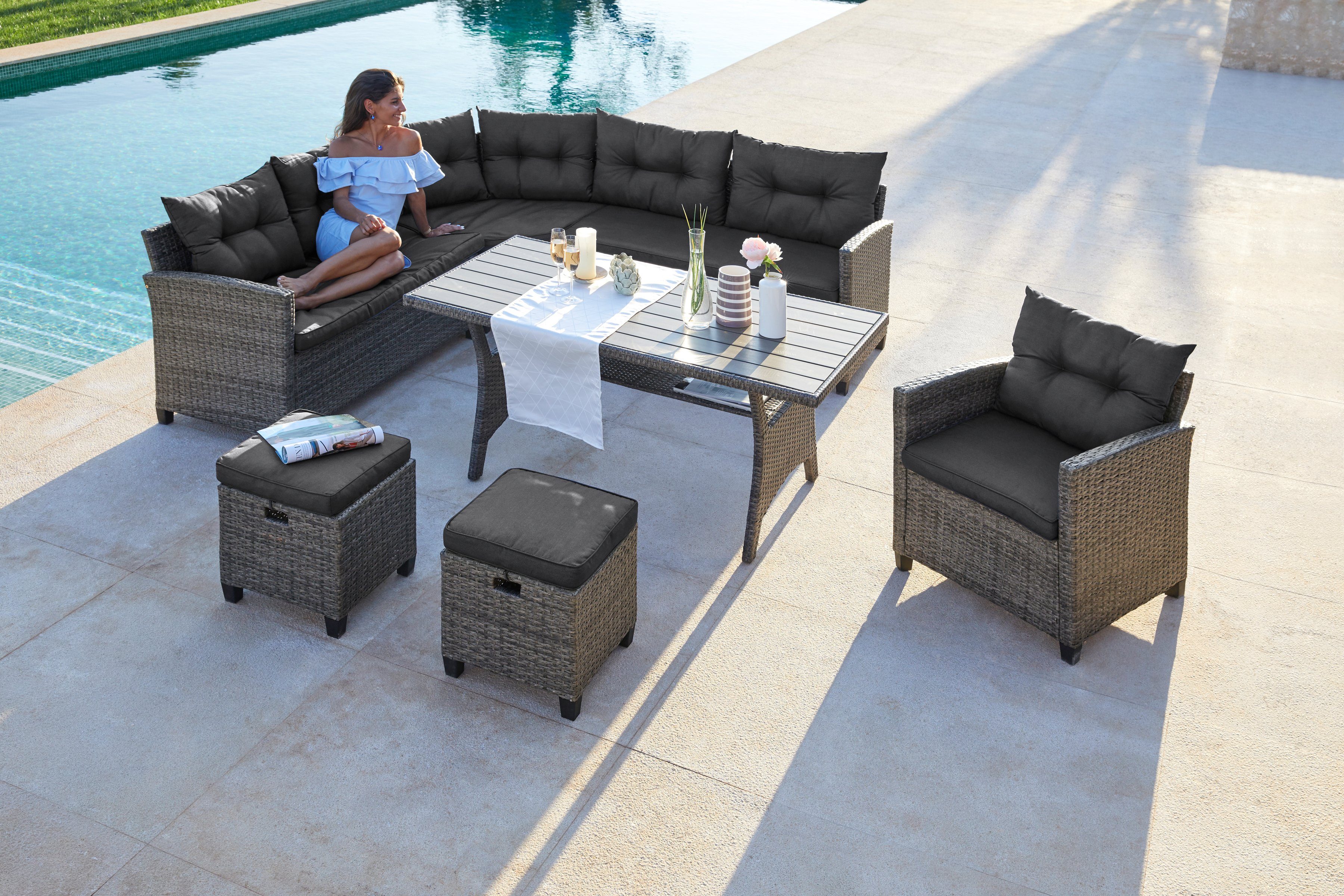 KONIFERA Gartenlounge-Set Keros Premium, (Set, 20-tlg., 2x 2er Sofa, 1x Ecke, 1x Кресла, 2x Табуретки, 1x Tisch 145x75x67,5cm), Ecklounge, Polyrattan, Stahl, geeignet für 8 Personen, inkl. Auflagen