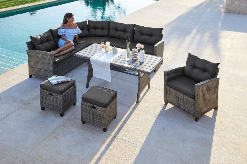 KONIFERA Gartenlounge-Set Keros Premium, (20-tlg), Ecklounge, 2 Hocker,  Sessel, Tisch, Polyrattan, Inkl. ca. 7 cm stark gepolsterten Auflagen