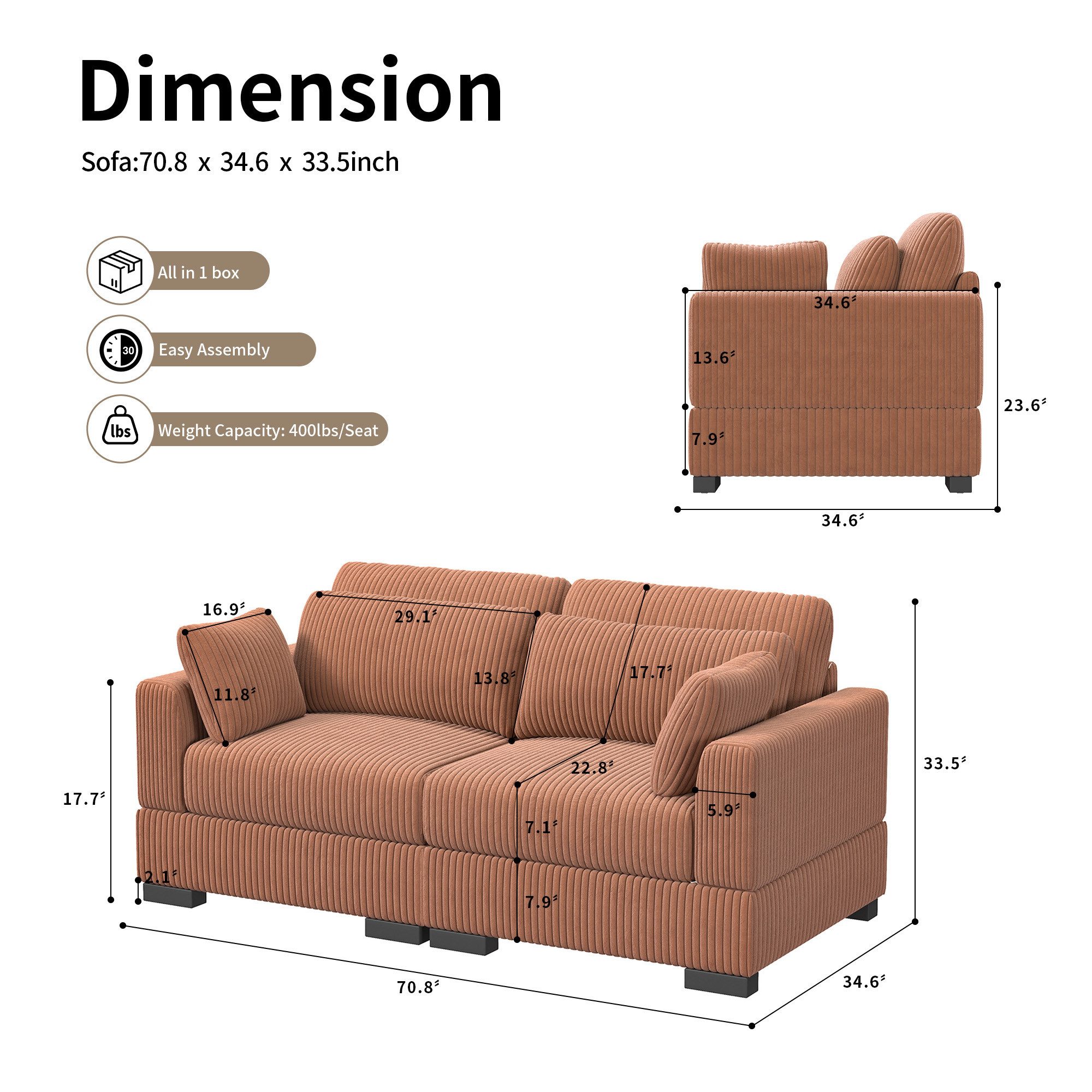 Furnishings Home Loungesofa Sofa Polstersessel, 1/2-Sitzer Couch, Polstersofa, Cord Stoff, 180 x 88 x 85 cm, ideal für Wohnzimmer & Schlafzimmer & Büro