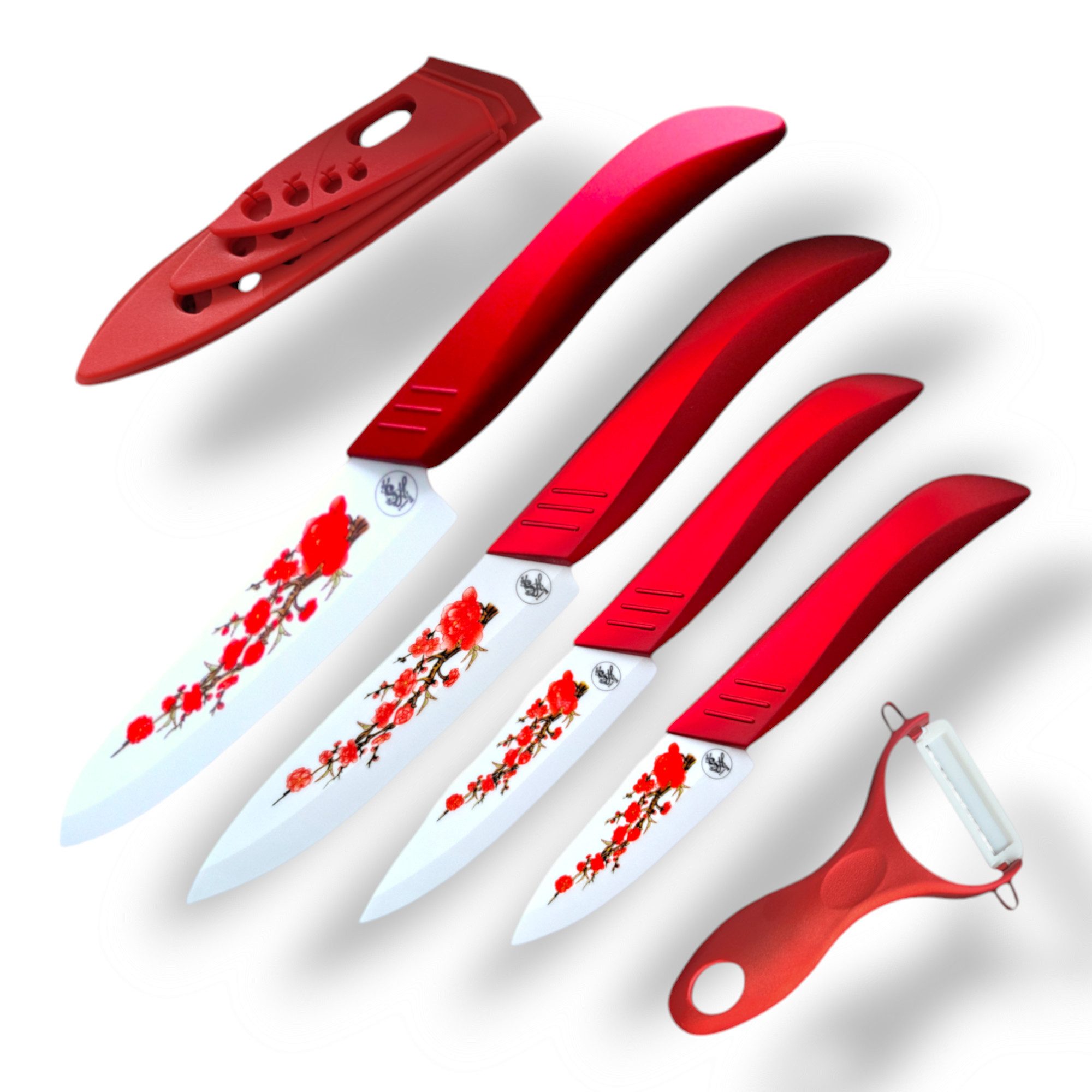 S-HubOla/SHubOla Messer-Set Keramik Messer Set 5 Tlg. Кухонні ножі Кухарські ножі Allzweckmesser (5} Teilige Set (4 Messern und 1 Schäler), 5-tlg., 1 obstmesser, 2 Alzweckmesser, 1 Кухарські ножі/Chefmesser,1Schäler), Keramik 5 Teilige Set, Sakura, ultrascharf, ergonomisch
