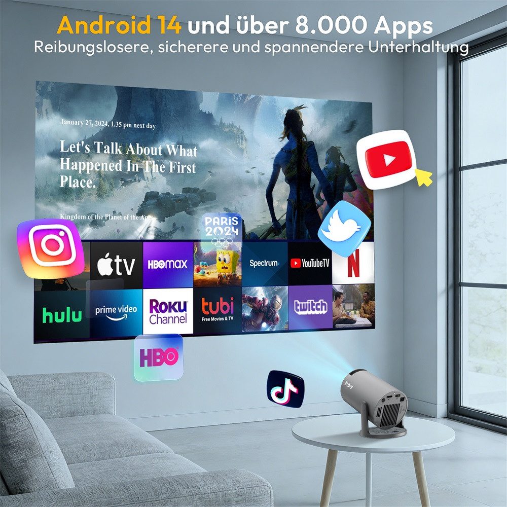 XGODY XGODY Tragbarer Projektor Mini-Beamer (12000 lm, 1500:1, 3840 x 2160 px, Mini Projektor mit Android 14/WiFi 6/BT 5.4/ 180-Grad- Winkel)