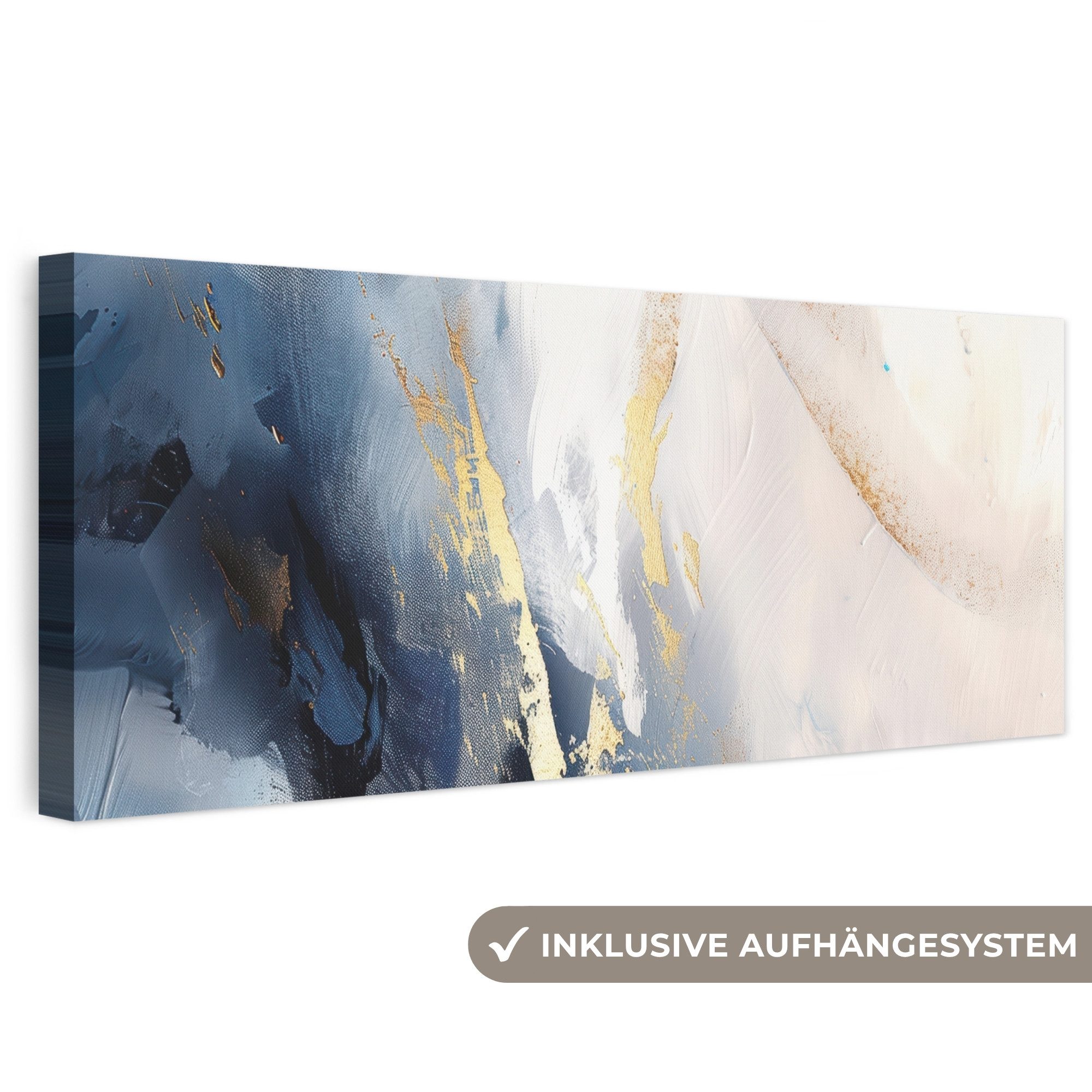 OneMillionCanvasses® Leinwandbild Panorama Blau - Modern - Marmor - Abstrakt - Gold, Fotodruck (1 St), Wandbild, Deko Schlafzimmer Wohnzimmer Flur 60x20 cm