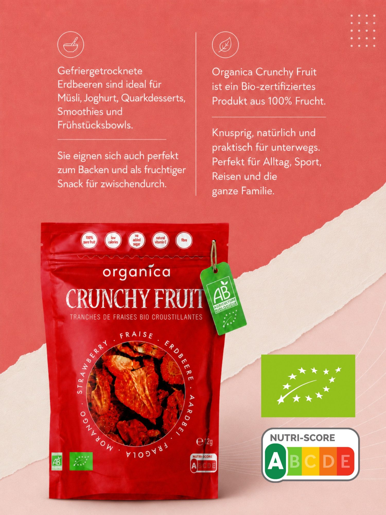 Organica Trockenfrüchte Gefriergetrocknete Bio-Erdbeeren, Erdbeerscheiben ungezuckert, 1 x (Single Pack 12g), Bio-zertifiziert, 100 % Frucht, Ohne Zuckerzusatz, Nutri-Score A