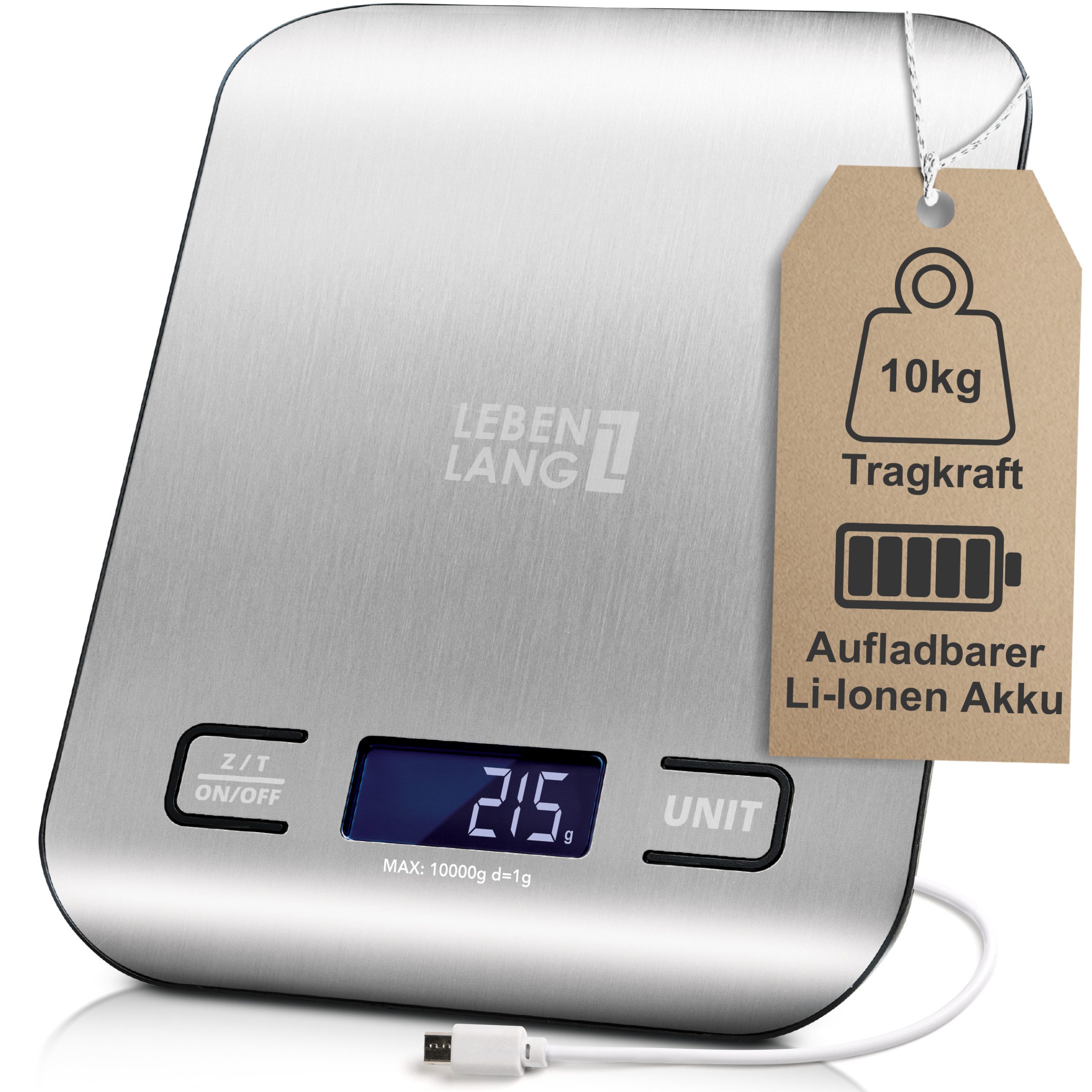 Lebenlang Küchenwaage Digitale Küchenwaage - Präzise - Bis 10kg - Lebensmittelwaage, Genauigkeit 1g, Tara-Funktion, Wiederaufladbar