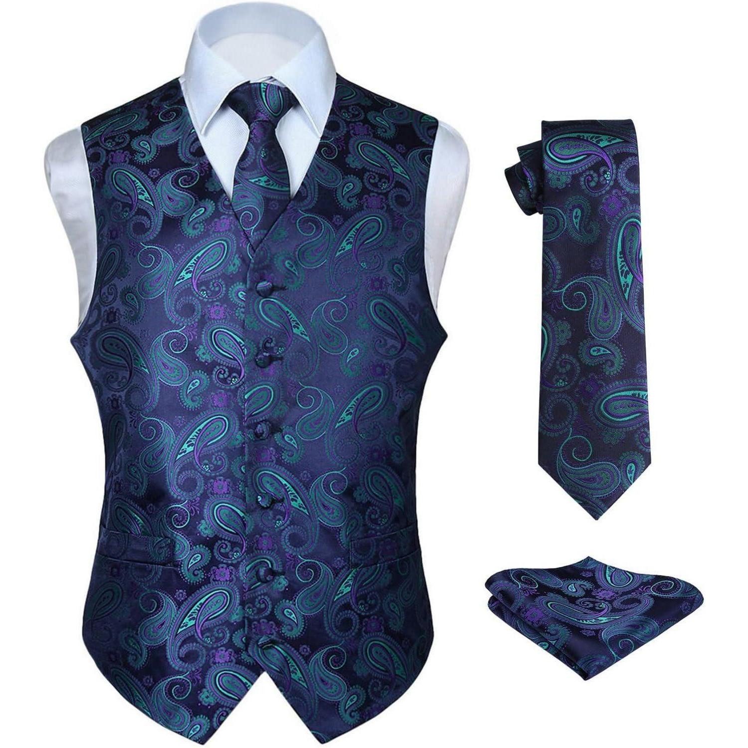 LuxusKollektion Anzugweste Weste Herren Hochzeit Floral Krawatte Einstecktuch 4XL Lila & Grün