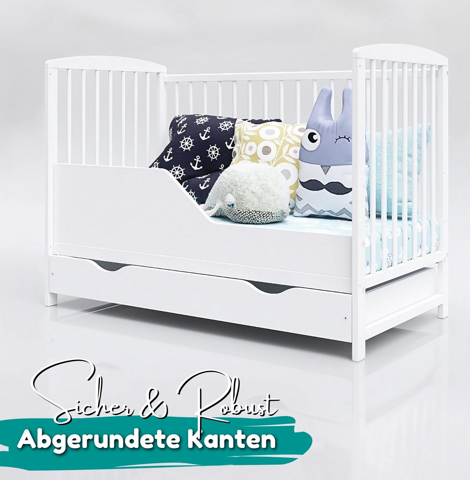 I Home® LUCAS und - Komplett Alavya Schubladen SET Kiefernholz Babybett Ihres I den Qualitätsträume mit Babybett Matratze ruhigen Schubladen mit Matratze Schlaf für Schatzes, aus Weiß + 60x120