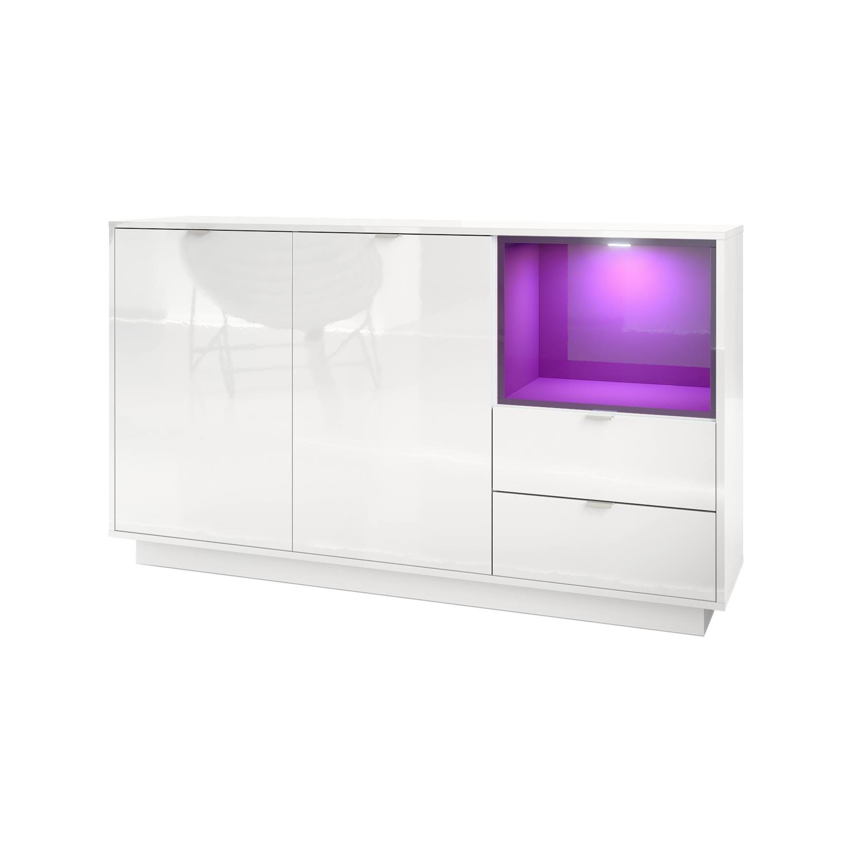 Vladon Sideboard Metro (Kommode, mit 2 Türen, 2 Schubladen und 1 offenem Fach), Weiß Hochglanz/Brombeer Hochglanz inkl. LED Beleuchtung (153x88x38 cm)