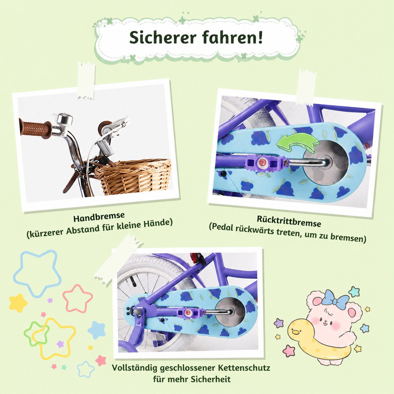 RULLY Kinderfahrrad Kinderfahrrad für Mädchen 12/14/16 Zoll, 2–7 Jahre, 1 Gang, Mit Lenkerkorb, Puppensitz und abnehmbaren Stützrädern