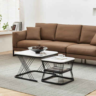 OKWISH Couchtisch (Quadratische Couchtische, 2-St), Couchtische aus Schiefer und X-Form Metallbeinen