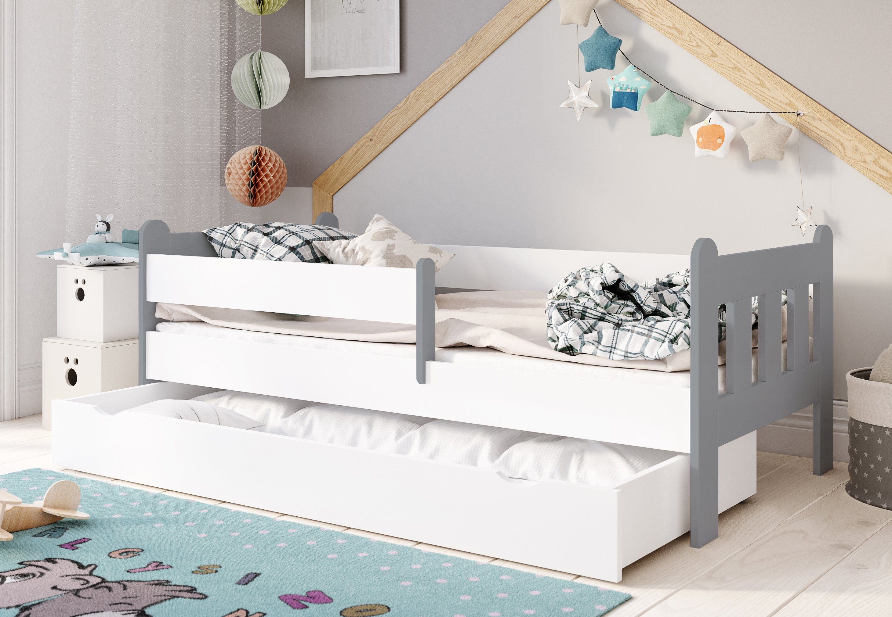 grau-weiß 80 Mädchen 90x200 mit cm Kinderbett Bett, mit Jungen weiß Collective 160 x Schublade, Kids & optional grau 80x160, Lattenrost, Matratze Rausfallschutz in 80x180,