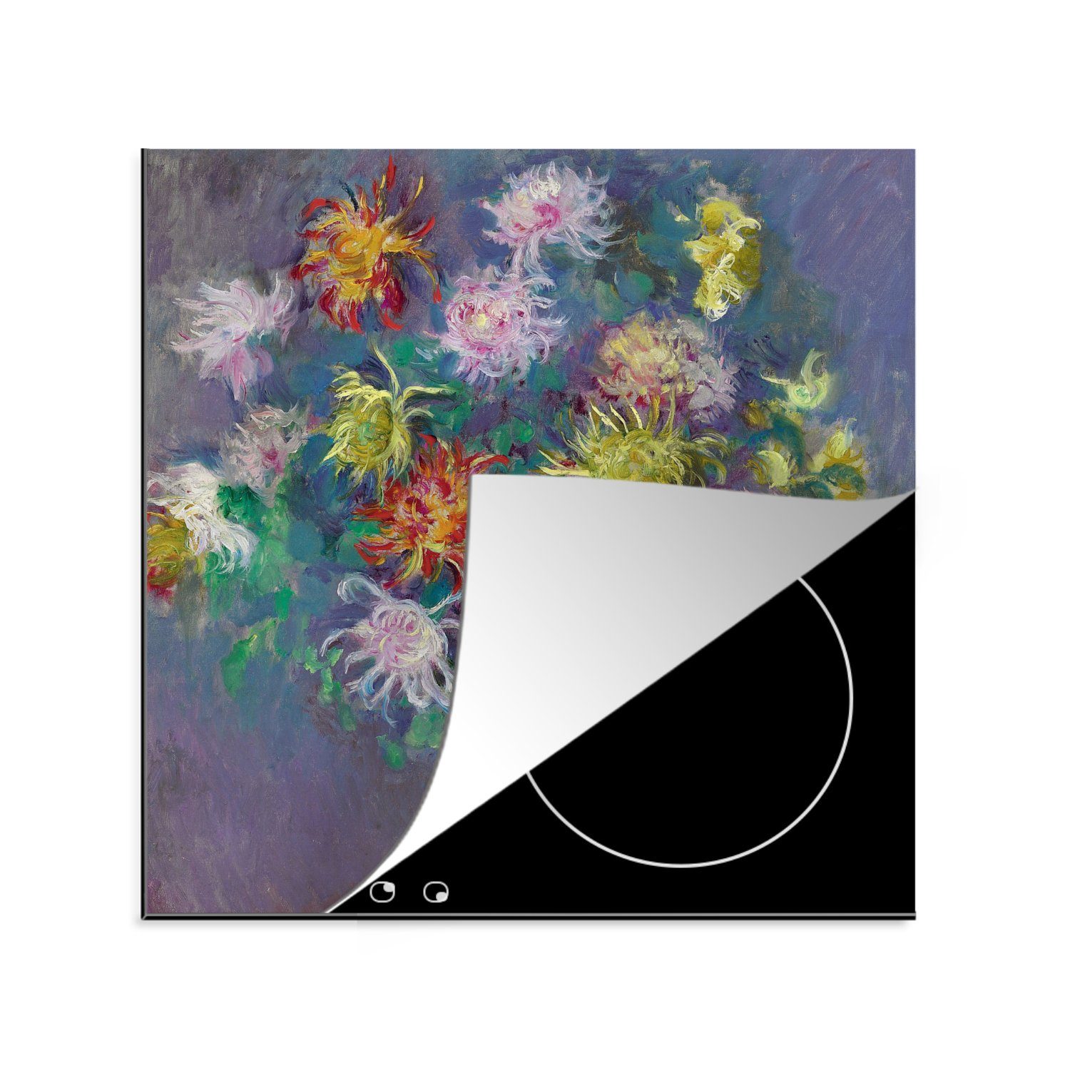 MuchoWow Herdblende-/Abdeckplatte Vase mit Chrysanthemen - Claude Monet, Vinyl, (1 tlg), 78x78 cm, Ceranfeldabdeckung, Arbeitsplatte für küche