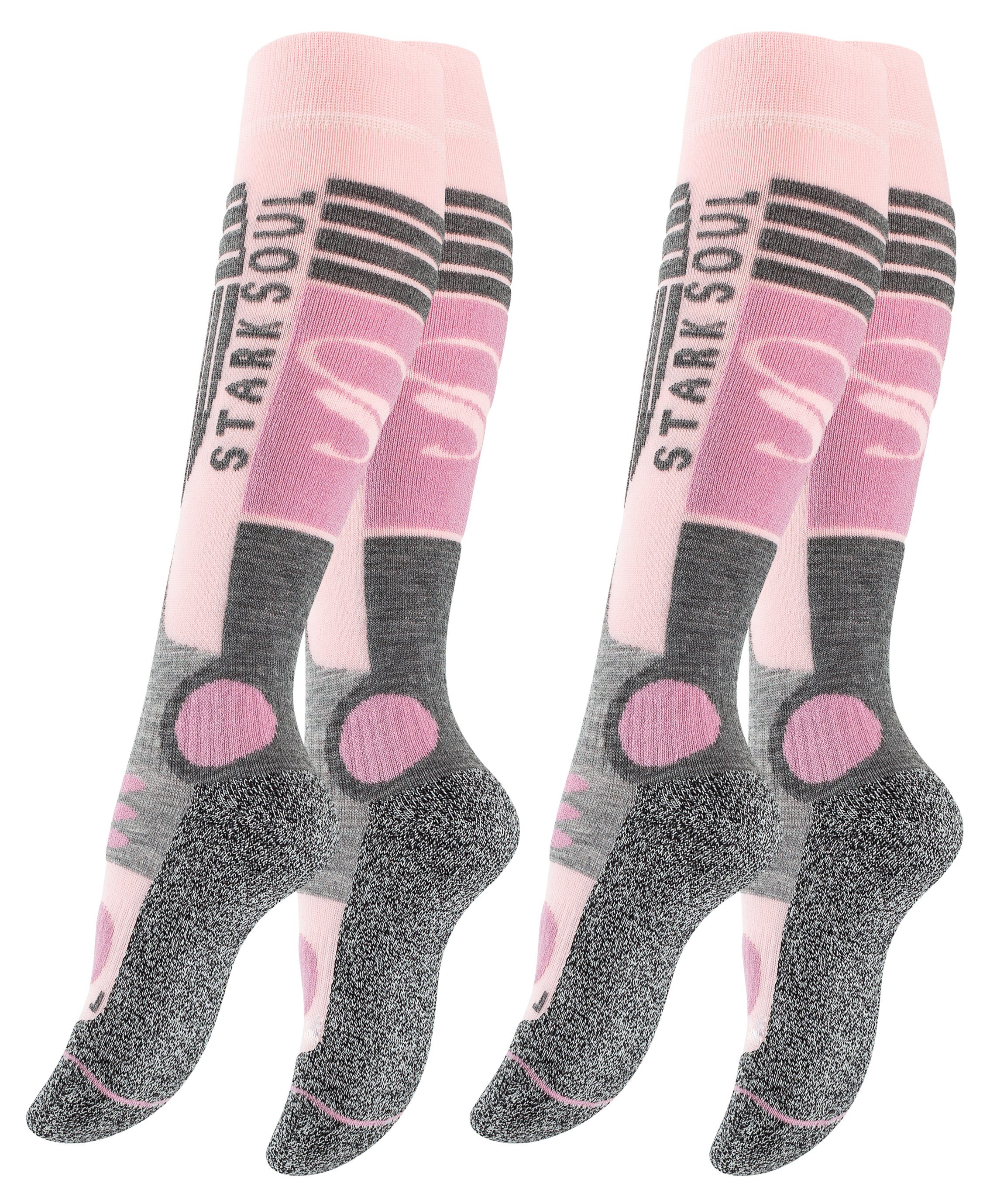 Stark Soul® Skisocken Ski & Snowboard Socken, Skistrümpfe mit Spezialpolsterung, 2 Paar 2er-Pack, Dehnungszonen an Knöchel und Spann, Doppelbündchen, weiche Zehennaht, weiche Polsterungen Rosa/Grau