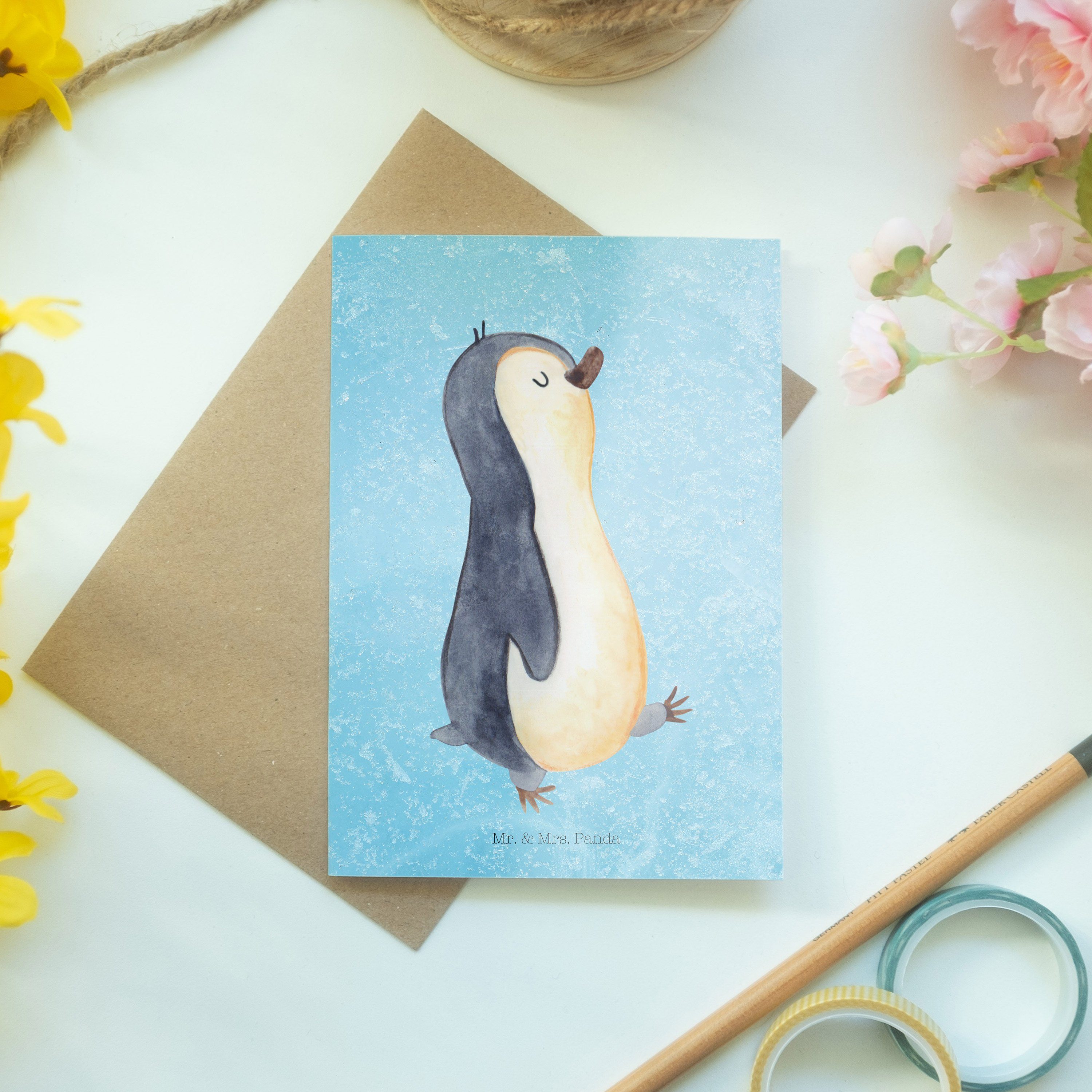 Geschenk, marschierend Mr. & Eisblau Grußkarte Glückwuns Mrs. Panda - Einladungskarte, Pinguin -