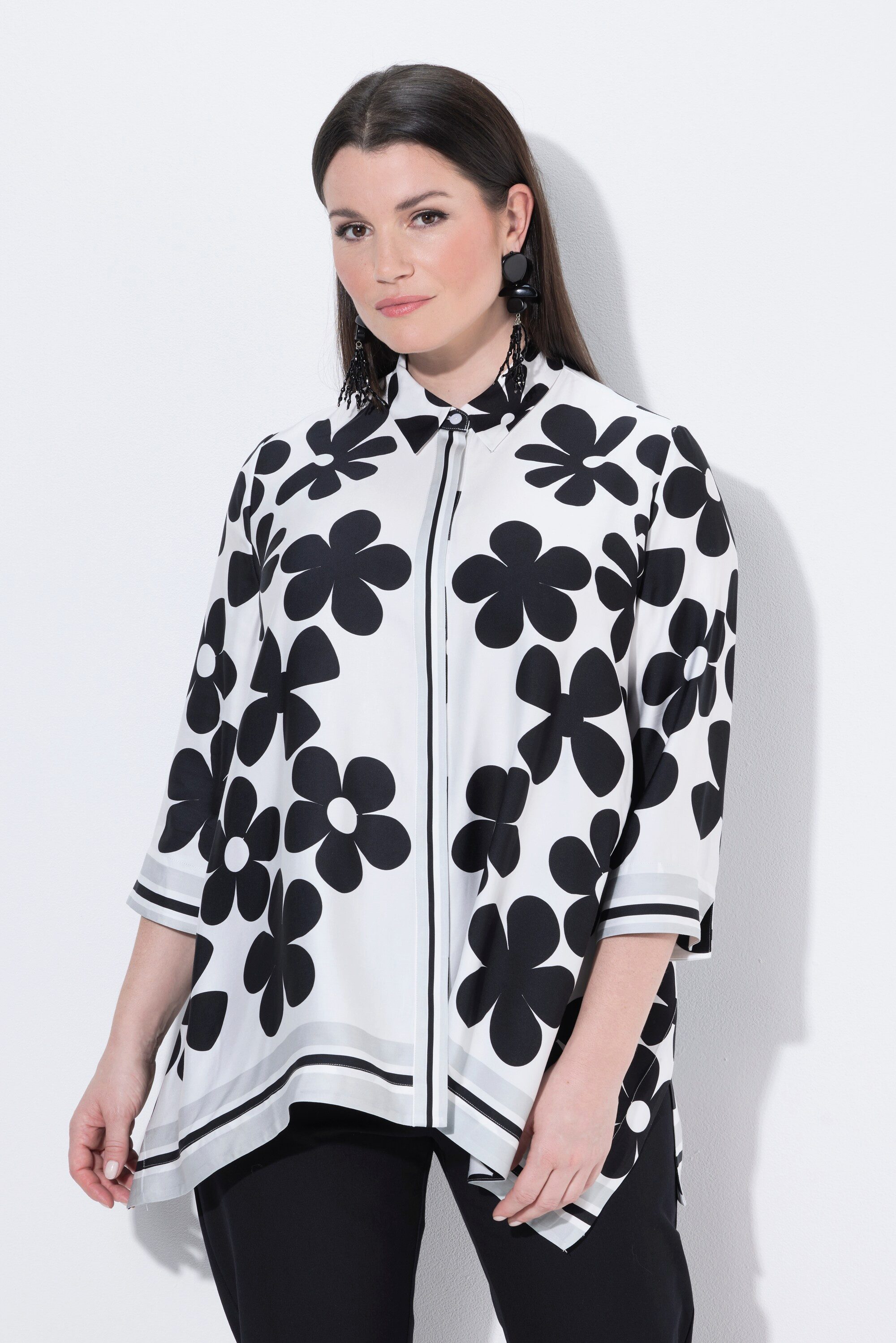 Hemdbluse Satinbluse Blüten Oversized Hemdkragen 3/4-Arm