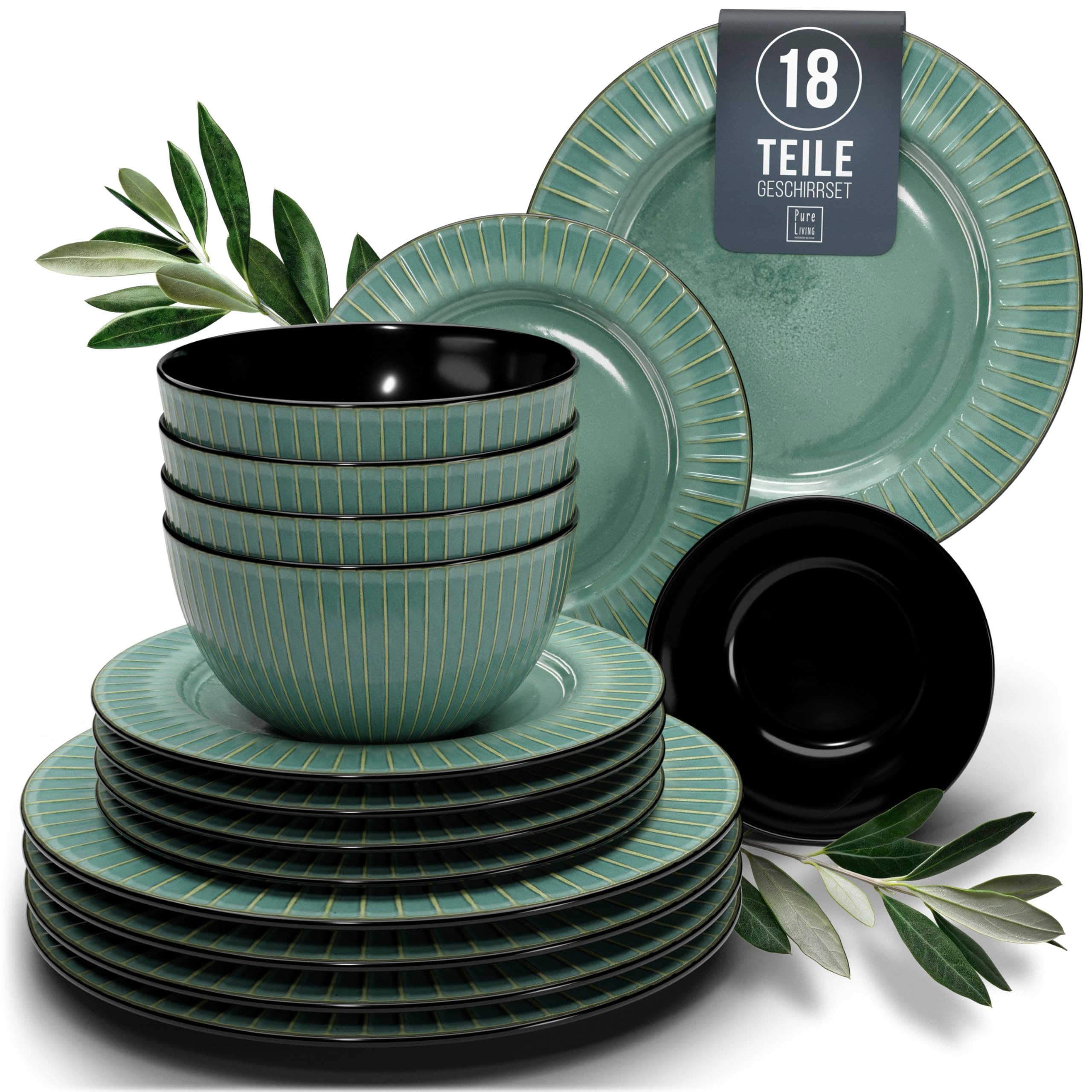 PURE LIVING INTERIOR DESIGN Geschirr-Set Ribbed aus Steingut, 18-tlg., für 6 Personen, Grün, 6 Personen, Steingut, Mediterrane Handwerksoptik, Reaktive Glasur – jedes Stück einzigartig…