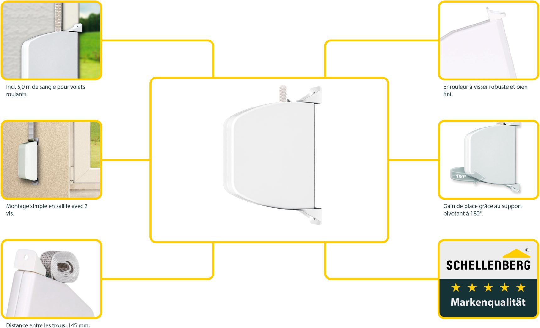 SCHELLENBERG Aufputz-Gurtwickler Aufschraubwickler für das Rollladensystem Mini, Gurtbreite 14 mm, Set, 5-tlg., schwenkbar, mit vormontiertem Rollladengurtband, – Bild 4 von 5