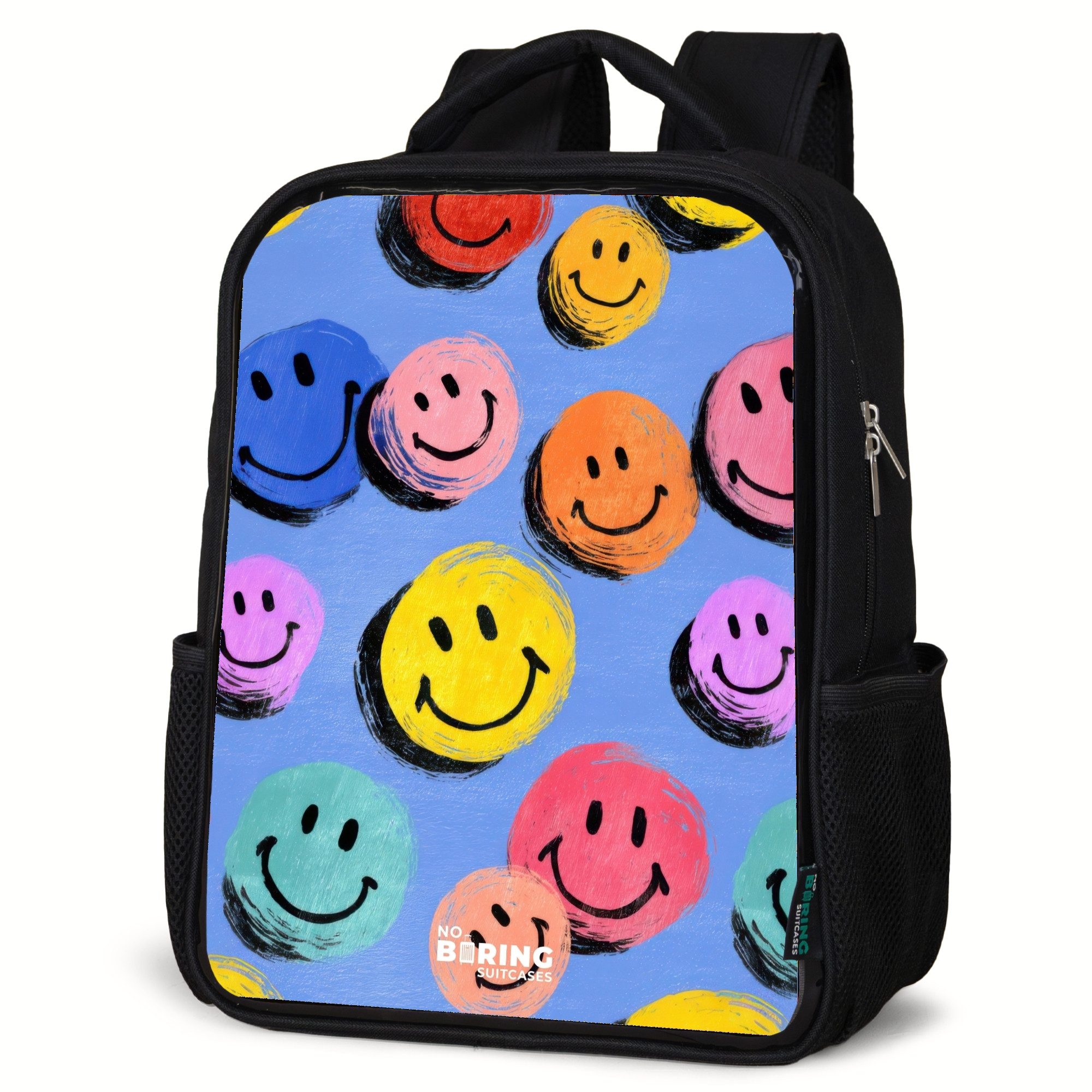 NoBoringSuitcases.com© Rucksack Ein verspieltes und künstlerisches Muster aus bunten Smileys, Kinderrucksack Schwarz, Schulrucksack, Freizeitrucksack Jungen Mädchen