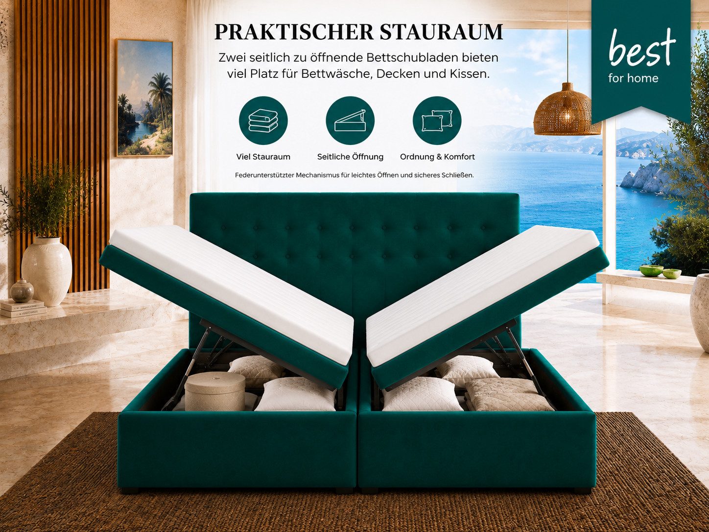Best for Home Boxspringbett Polsterbett mit 7-Zonen-Taschenfederkernmatratze und Schubladen (Komplettset (Boxspringbett inkl. 2 Matratzen, Topper & Stauraum-Schubladen), 6-St., 140x200 160x200 180x200 200x200 cm)