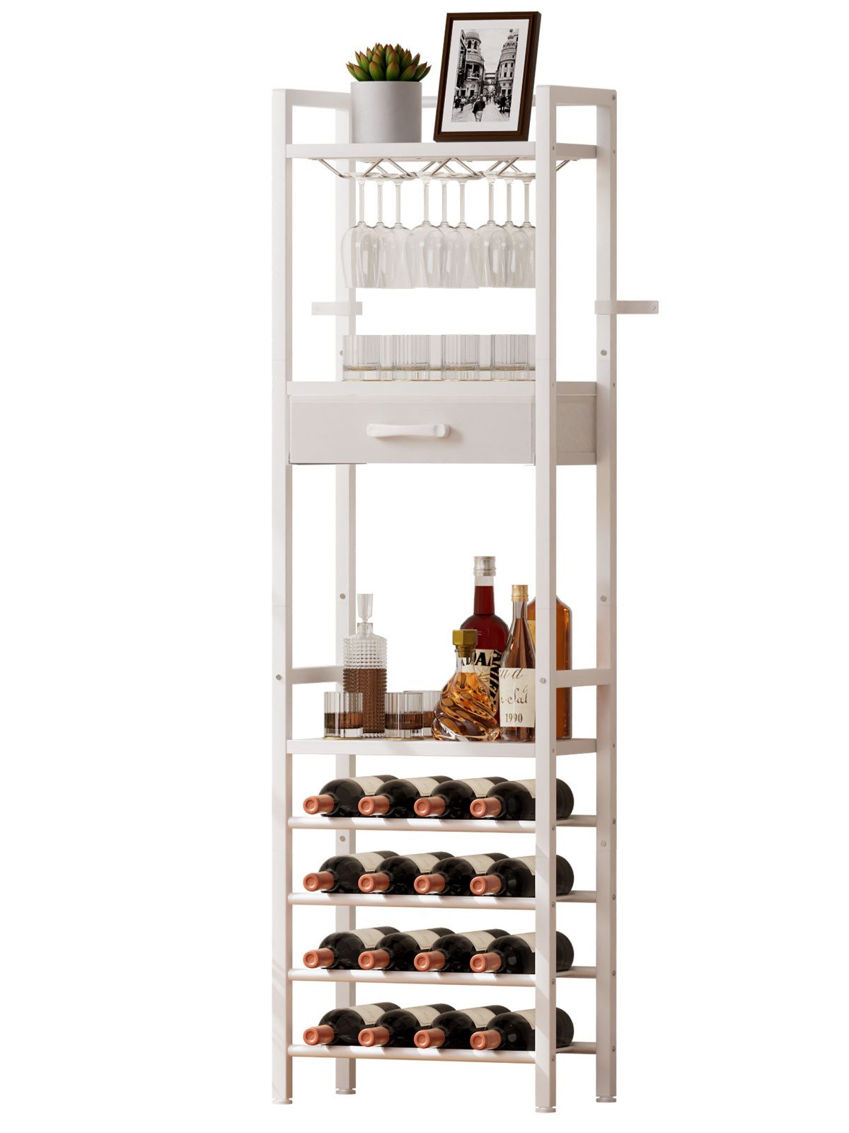 Yorbay Weinregal Vintage Design,Weinständer aus Holz& Metall für 16 Flaschen, 15 Gläser Weinregal mit Ablagefläche und Schublade, für Küche, Wohnzimmer oder als Geschenk