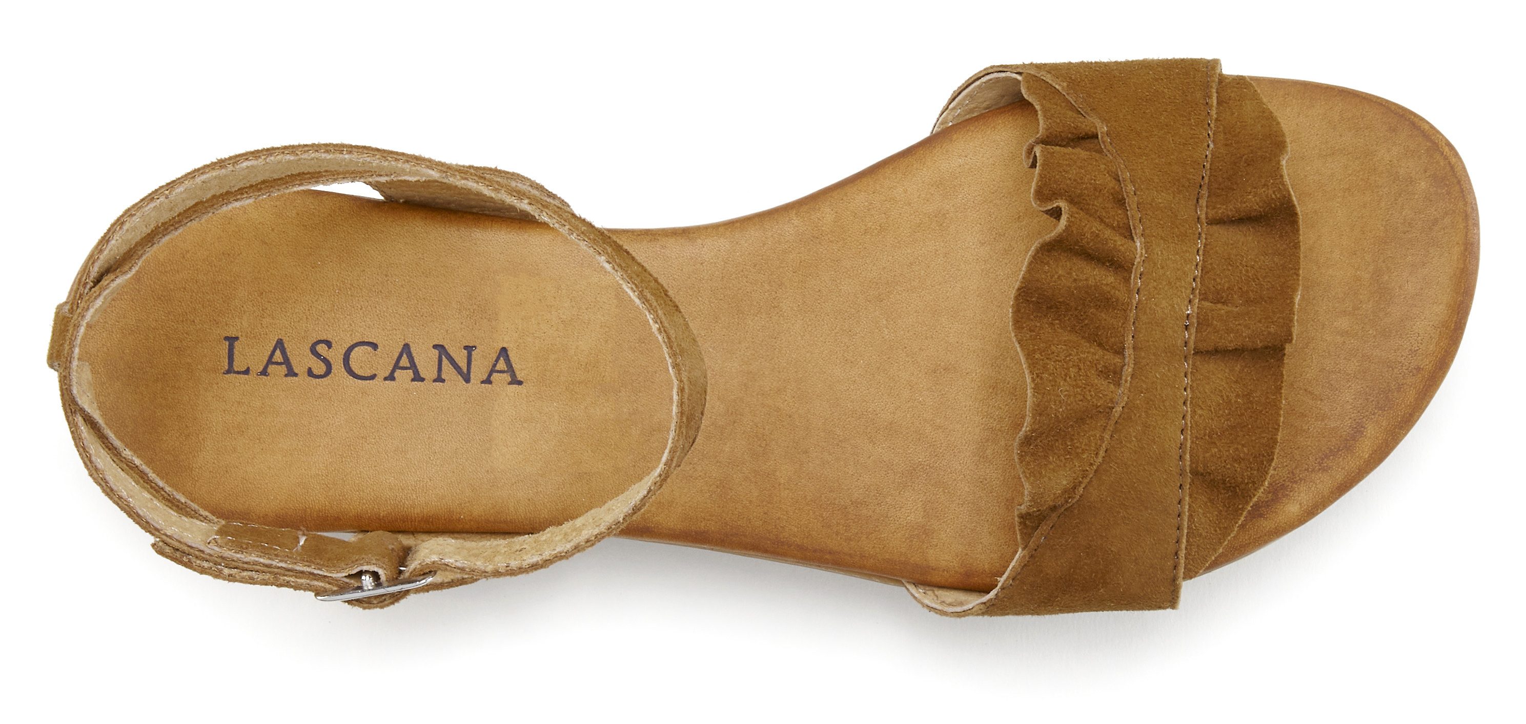 LASCANA offener Schuh, Sandale Sandalette, Sommerschuh aus hochwertigem Leder mit kleinen Rüschen