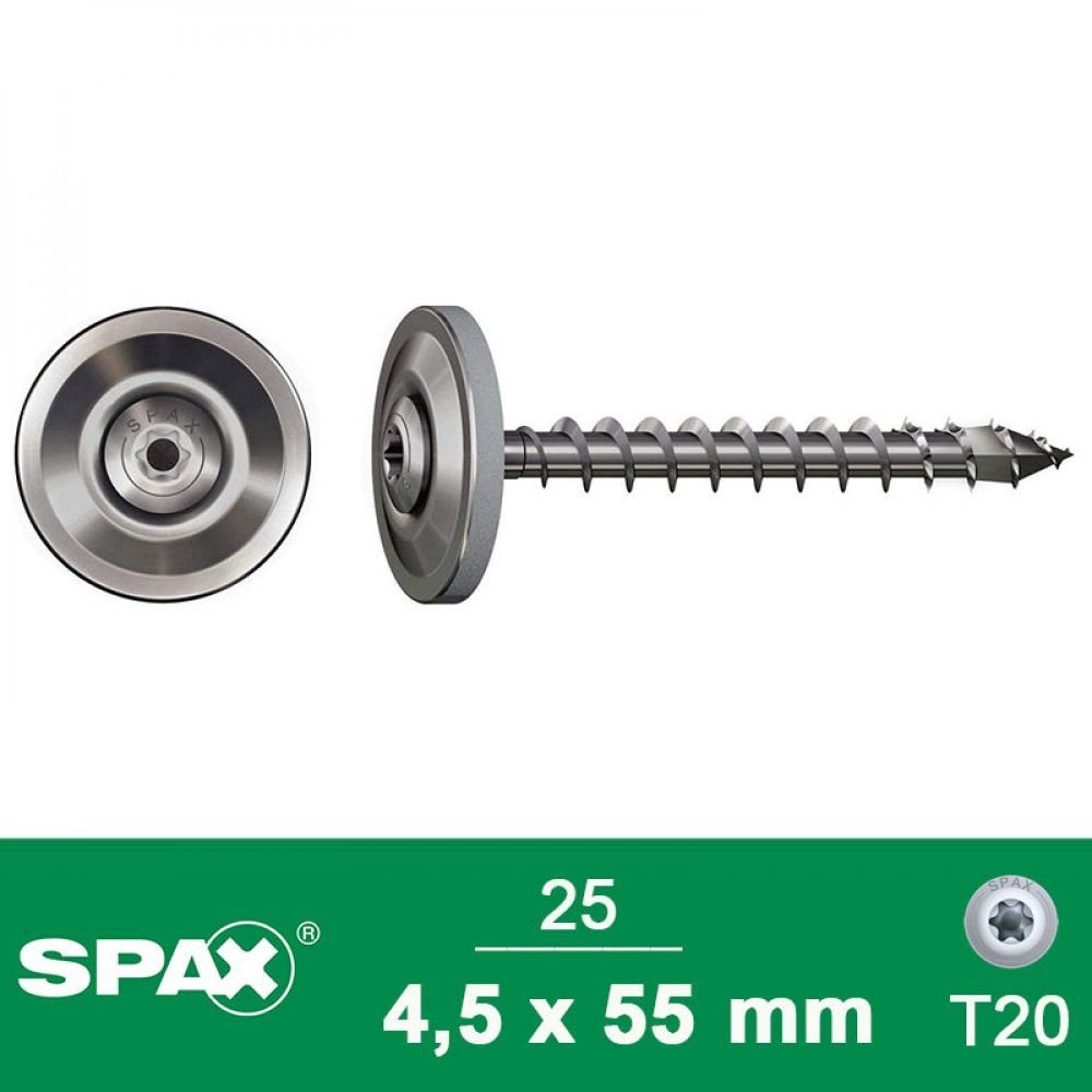 SPAX Spanplattenschraube SPAX Spenglerschraube A2 4,5x55 mm + Dichtscheibe 20 mm LP, 25 Stück
