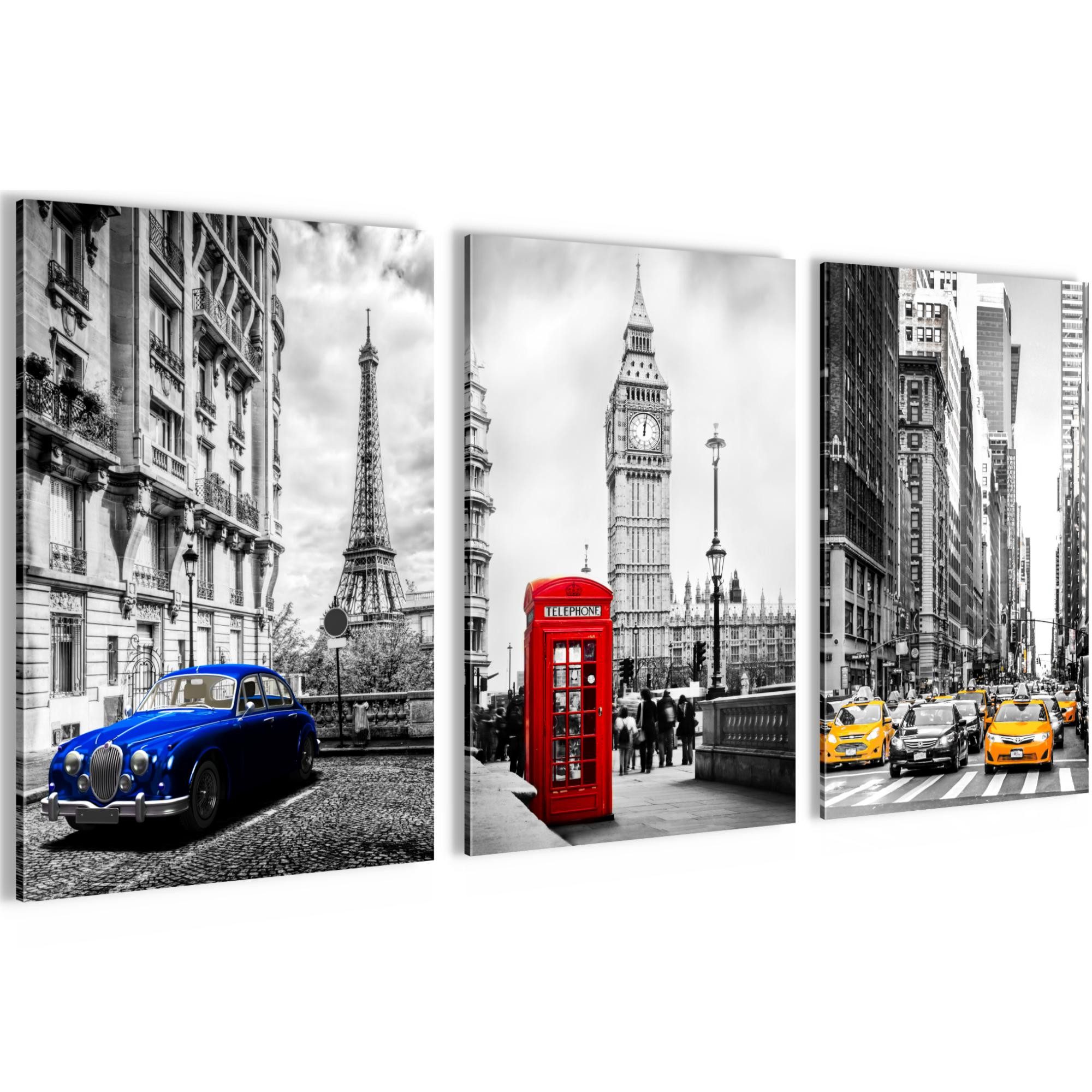 Novart Wandbild Städte Berlin London Paris Schwarz Weiß Bilder Set Deko, Collage (3 St)