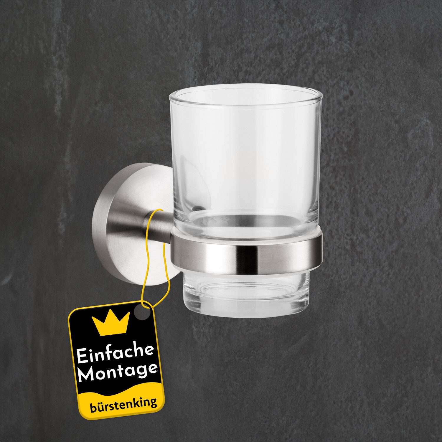 Bürstenking Zahnbürstenhalter mit Glasbecher – Edelstahl matt, wandmontiert, Serie 190, (Serie 190, Serie 190), Langlebig, rostfrei, platzsparend, modernes Design