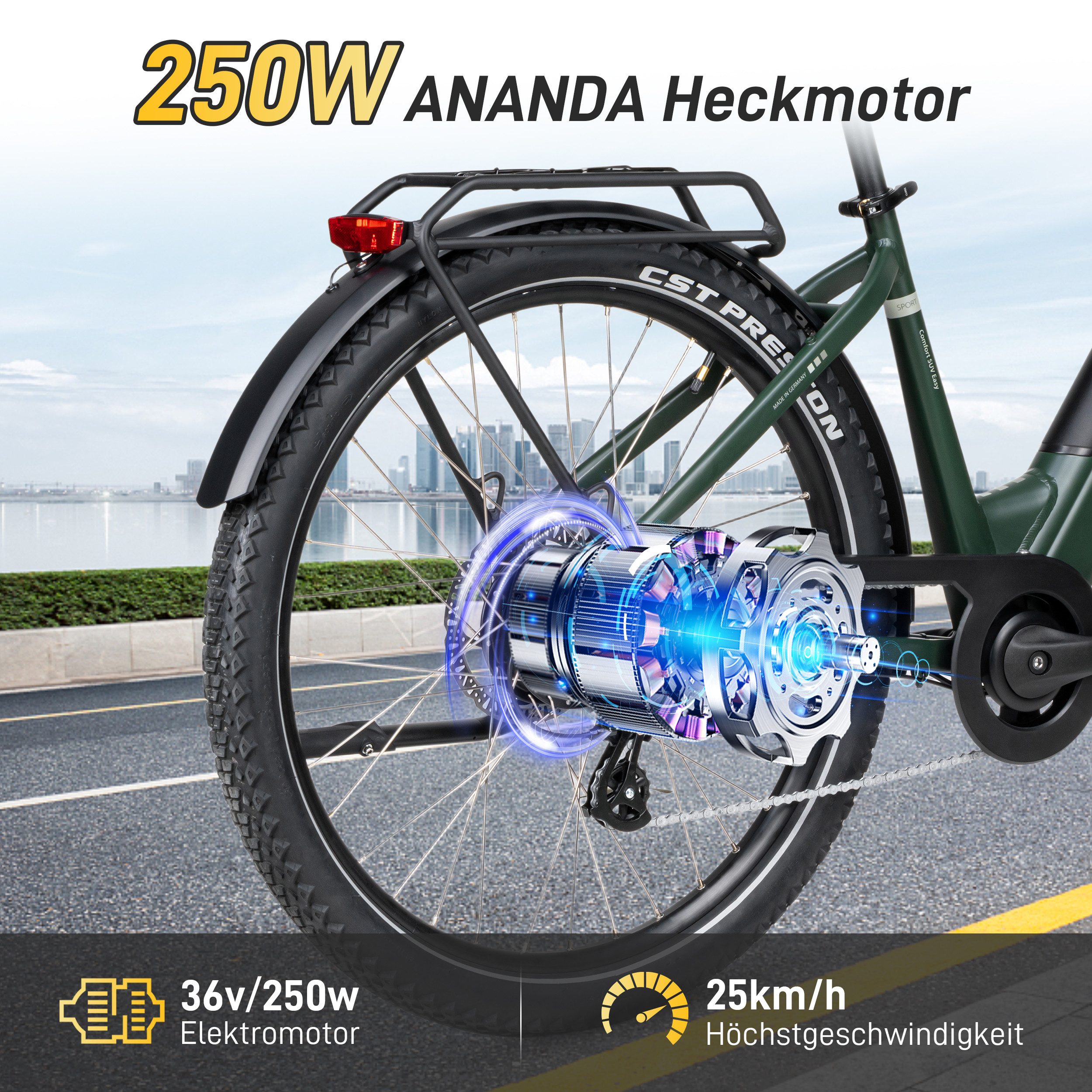 SAXXX E-Bike Cityrad Damen und Herren 28x2,35 Zoll, SAXXX SUV Pedelec, 468 Wh, max. 120km, 7 Gang SHIMANO Altus Schaltwerk, Kettenschaltung, Hinterradmotor, 468 Wh, (mit Gepäckträger, mit Akku-Schlüssel, Beleuchtungsset), E-Citybike mit 250W Heckmotor, Elektrofahrrad Unisex, RH: 45cm