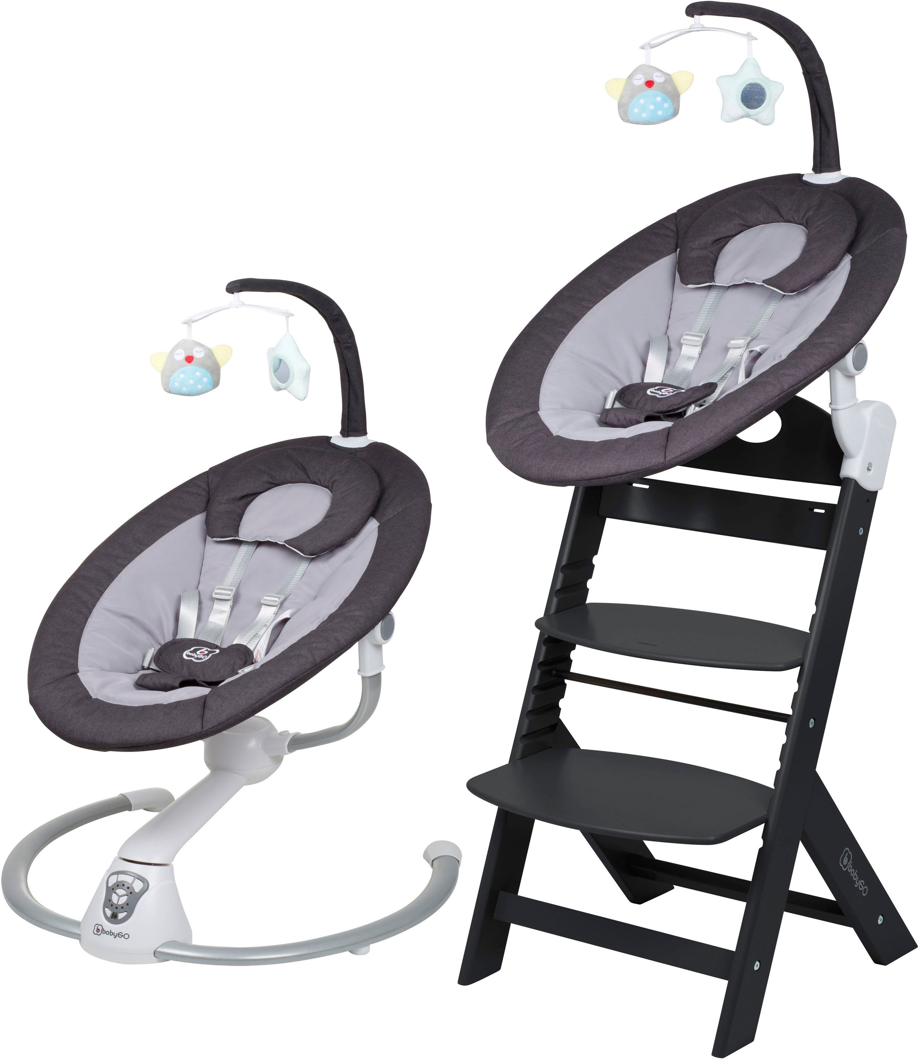 BabyGo Hochstuhl Family Homey Set, schwarz/dunkelgrau, mit elektrischer Babywippe inkl. Spielbogen