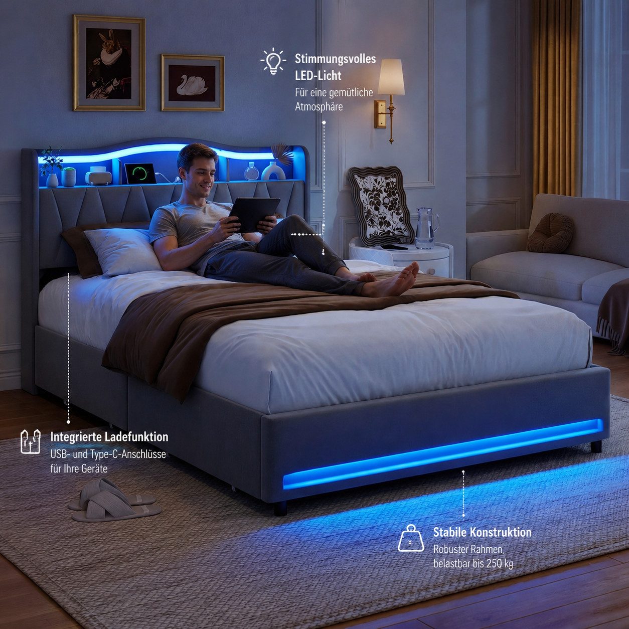 Simurq Polsterbett 160x200cm LED USB Stauraum Samt Grau (USB-Ladeanschluss), LED,USB,Stauraum,Samt,Grau,Lattenrost – Bild 3 von 5