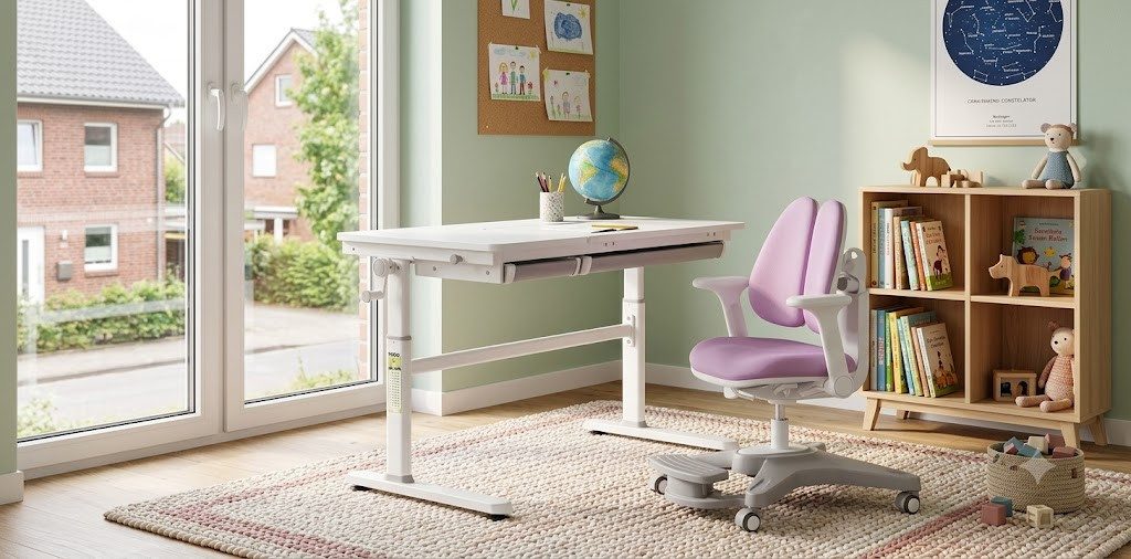 HOKO Kinderschreibtisch höhenverstellbar für Kinderzimmer (Tisch-Stuhl-Set, Kinderstuhl mit abnehmbarer Fußstütze, Schmetterlingslehne und Rollen), 120x60 cm Schreibtisch, für Kinder ab 6 Jahren, Weiß-Rosa, ELIN-ANKE