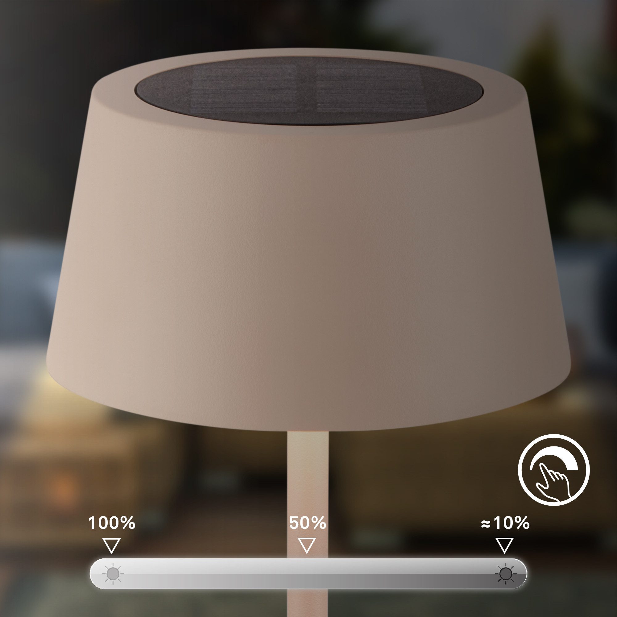 Briloner Leuchten LED Tischleuchte Solar Akku Awia kabellos Touch dimmbar USB-C, LED fest integriert, 11,5 x 32 cm Beige 2W Wohnzimmer Terrasse Indoor/Outdoor