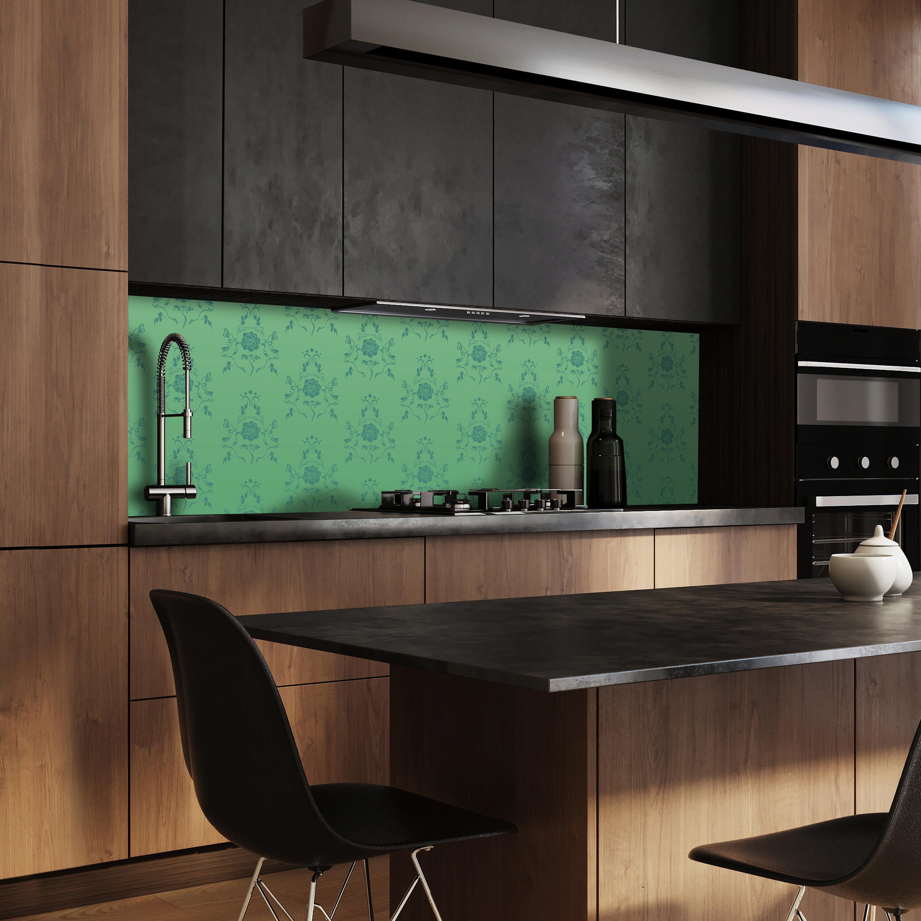 wandmotiv24 Küchenrückwand Barock Grün Muster, (1-tlg), Premium Hartschaum Nischenrückwand in versch. Größen | Küchenrückwände
