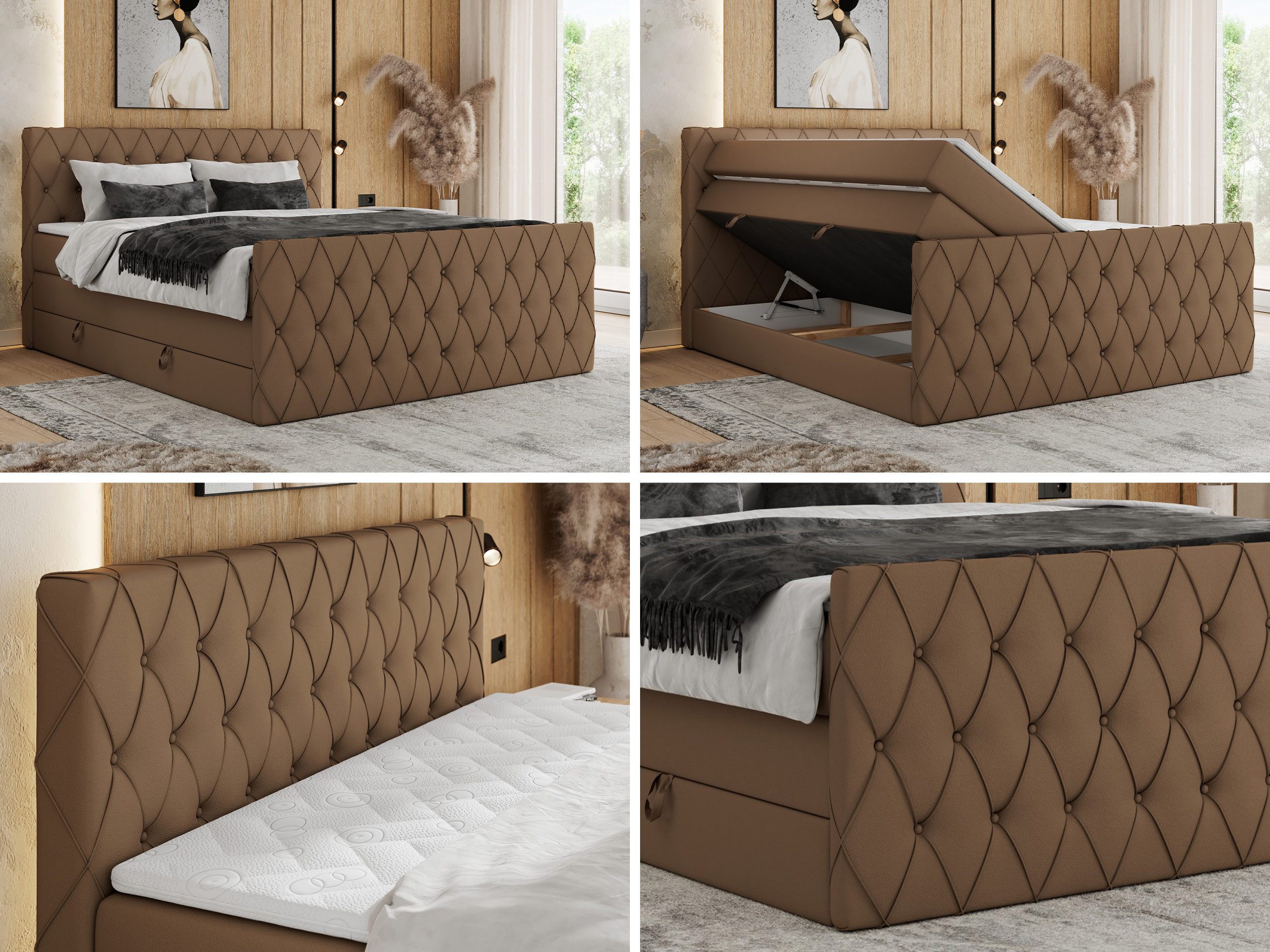 MKS MÖBEL Boxspringbett MIREN KING DUO (Set, Packung, Doppelbett, Kopfteil, Topper T25/Visco, T30-Schaum), Boxspringbett, Fußteil, Multipocket-Matratzen, 7 Härtezonen