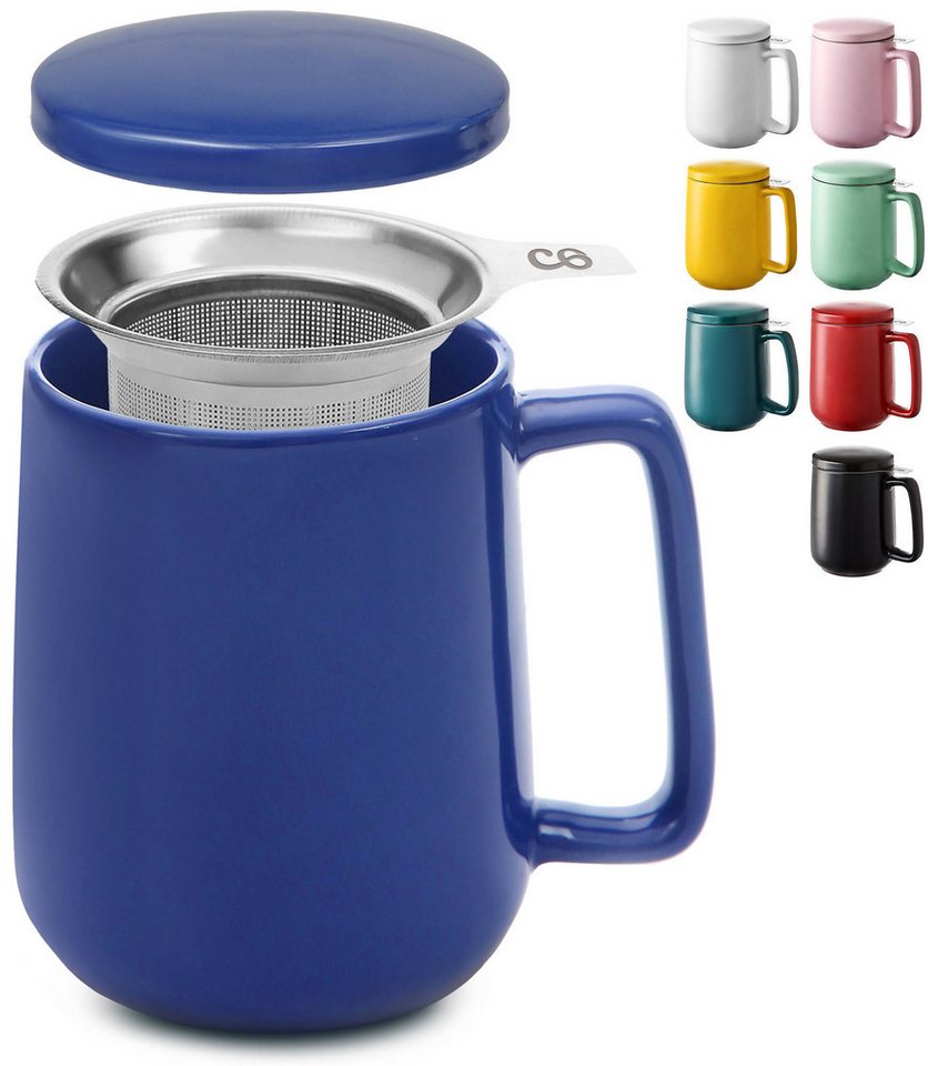 Cosumy Teeglas Teetasse mit Sieb und Deckel - Keramik Dunkelblau - Hält Lange warm, 1-tlg., Keramik, Hält Lange warm - 500 ml XXL Groß - Spülmaschinenfest