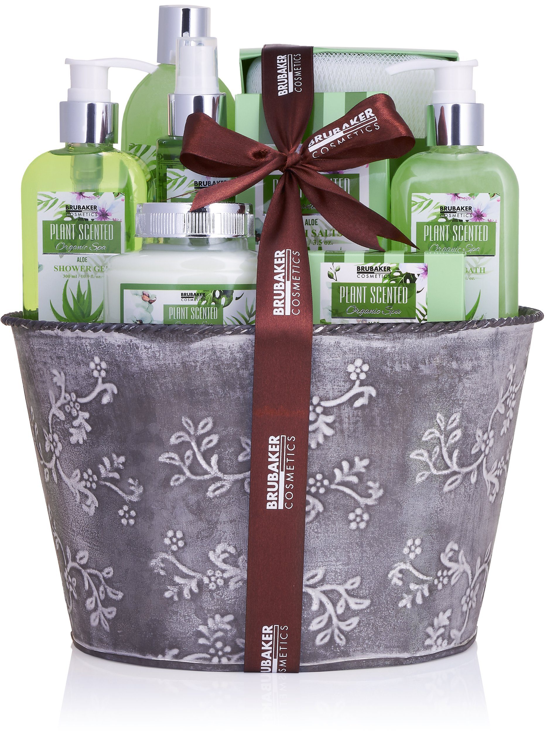 BRUBAKER Pflege-Geschenkset Wellness Dusch- und Badeset mit Aloe Vera Duft, Damen Geschenkset, 9-tlg., Frauen Geschenk Set im Vintage Pflanzkübel, Beauty Pflegeset
