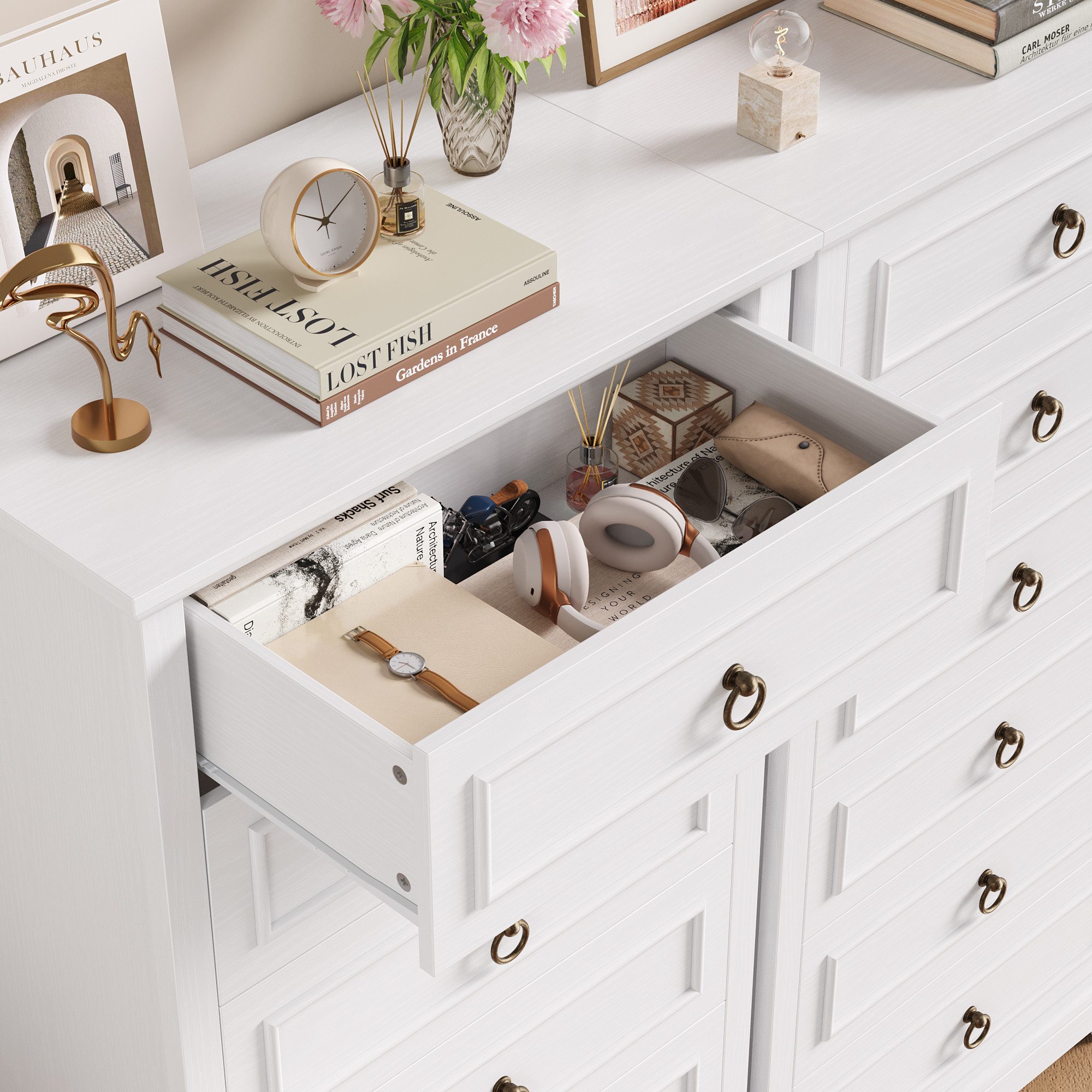 HOMECHO Hochkommode, 131cm Hoch Kommode mit 6 Schubladen, Weiß