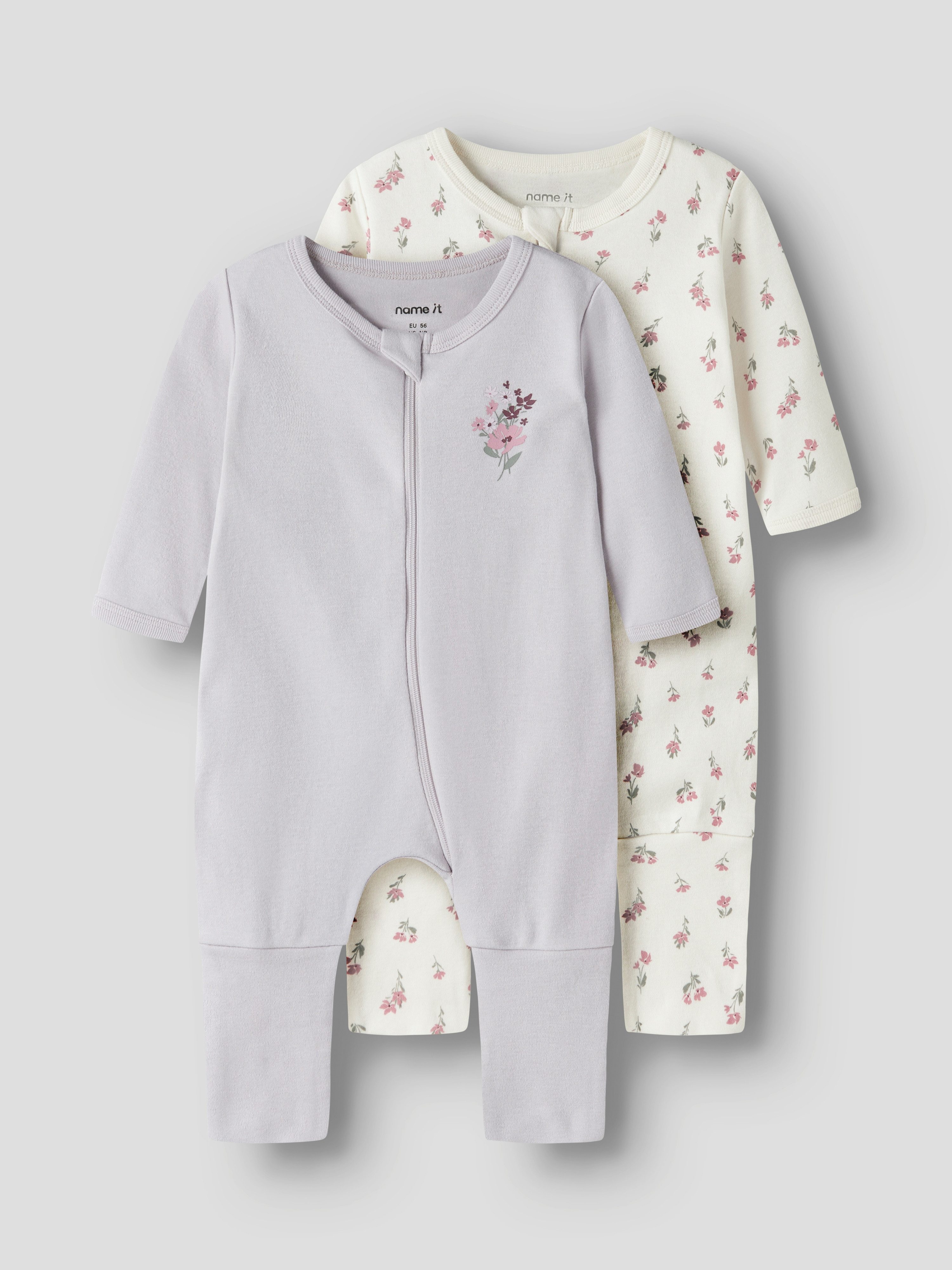 Name It Schlafanzug NBFNIGHTSUIT 2P ZIP FF FLOWER NOOS (Packung, 2 tlg) aus Baumwolle, bequeme Passform, mit Reißverschluss und Kinnschutz