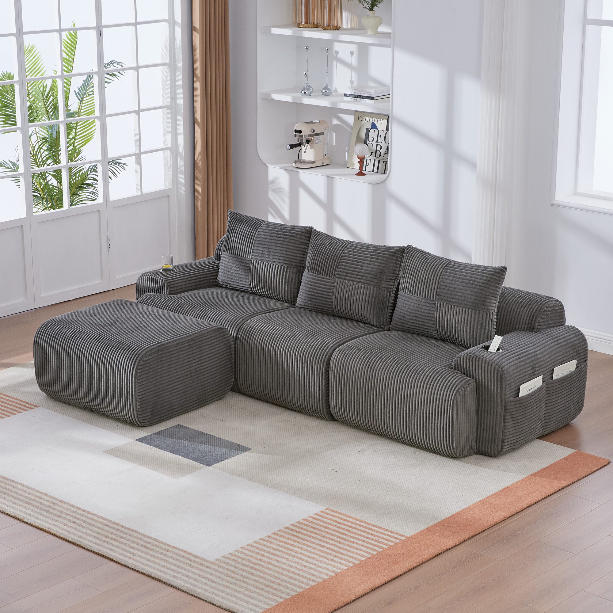 MODFU Sofa Cord Loungesofa für 3 Personen, modular kombinierbar, mit Hockern, mit Getränkehalter und Aufbewahrungstasche