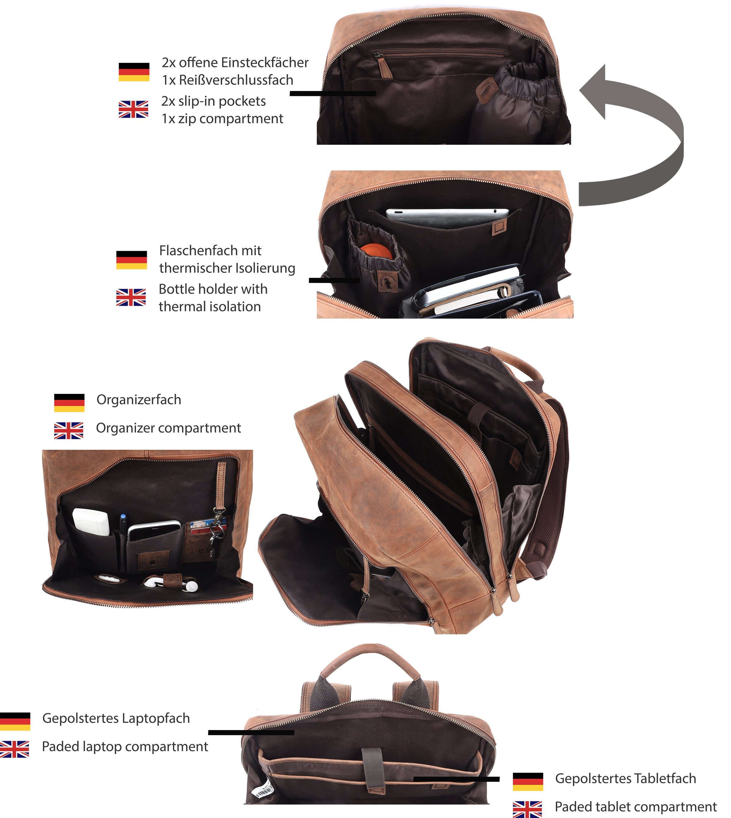 TUSC Tagesrucksack Corvus Leder Rucksack Laptop für 15,6 aus 15L, Walnut bis Zoll. Premium