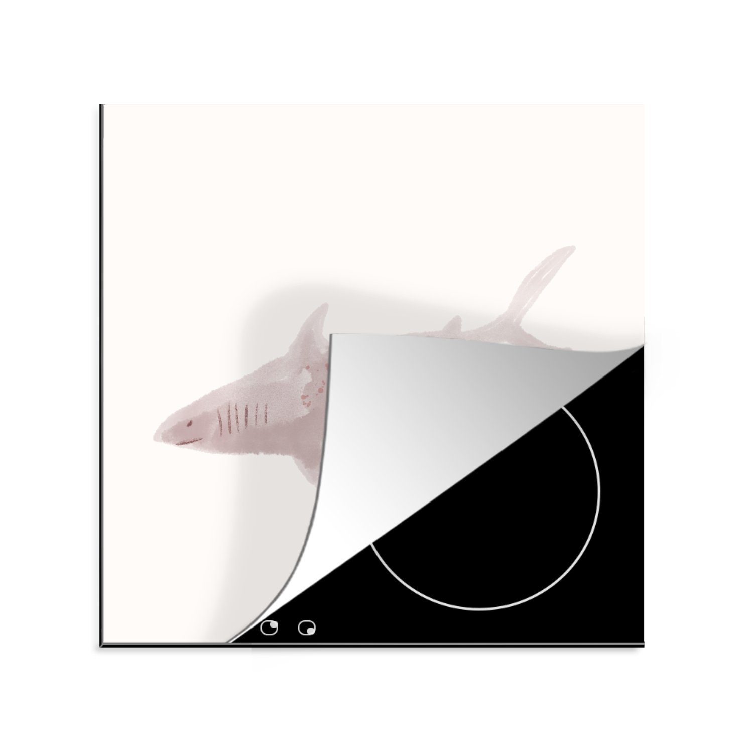 MuchoWow Herdblende-/Abdeckplatte Haie - Meer - Aquarell, Vinyl, (1 tlg), 78x78 cm, Ceranfeldabdeckung, Arbeitsplatte für küche