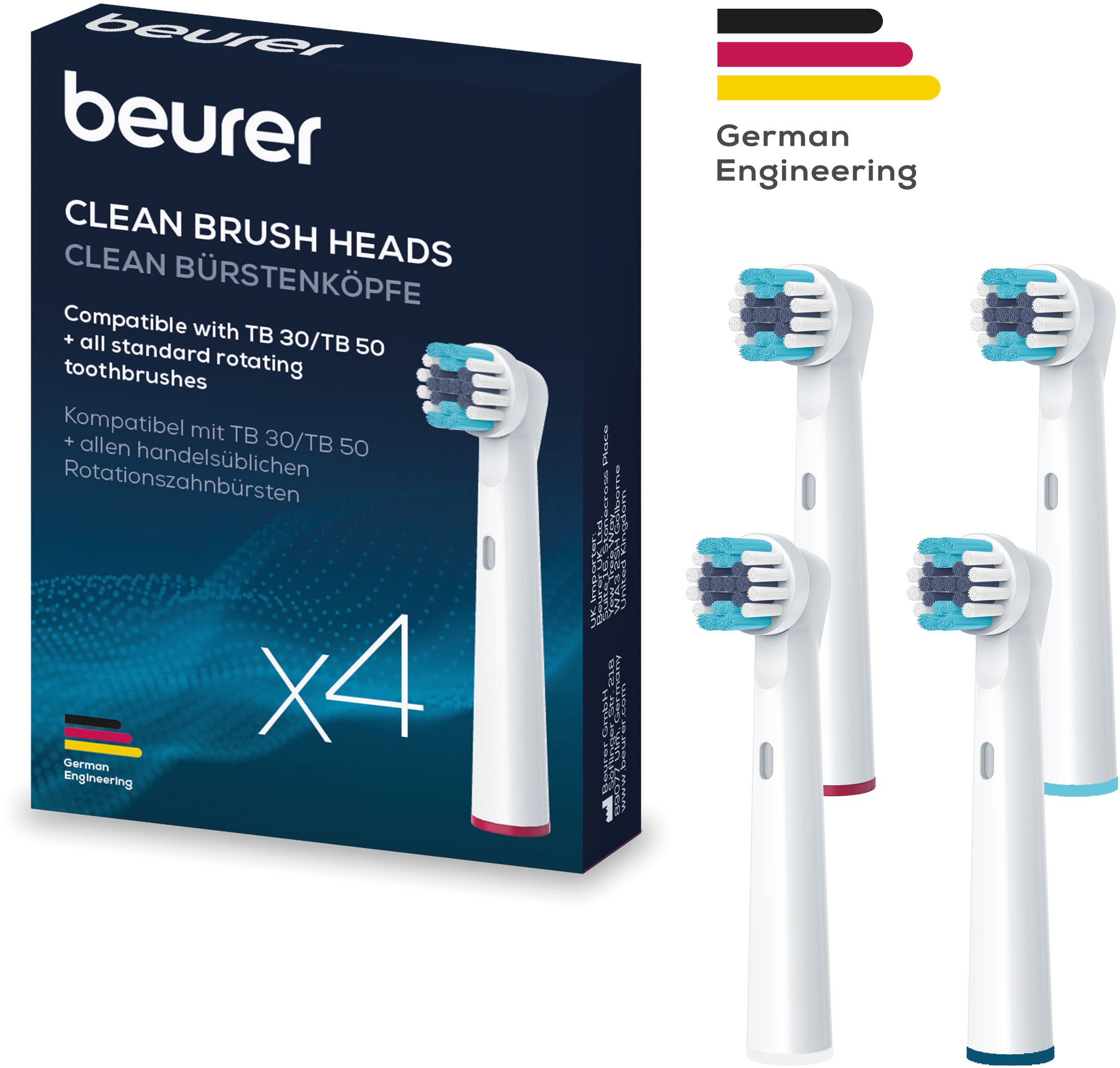 BEURER Щетки TB 30/50 Bürstenköpfe Clean, für elektrische Зубные щетки, Mit 2 Borstenlängen, Schutzkappe & farbigen Unterscheidungsringen