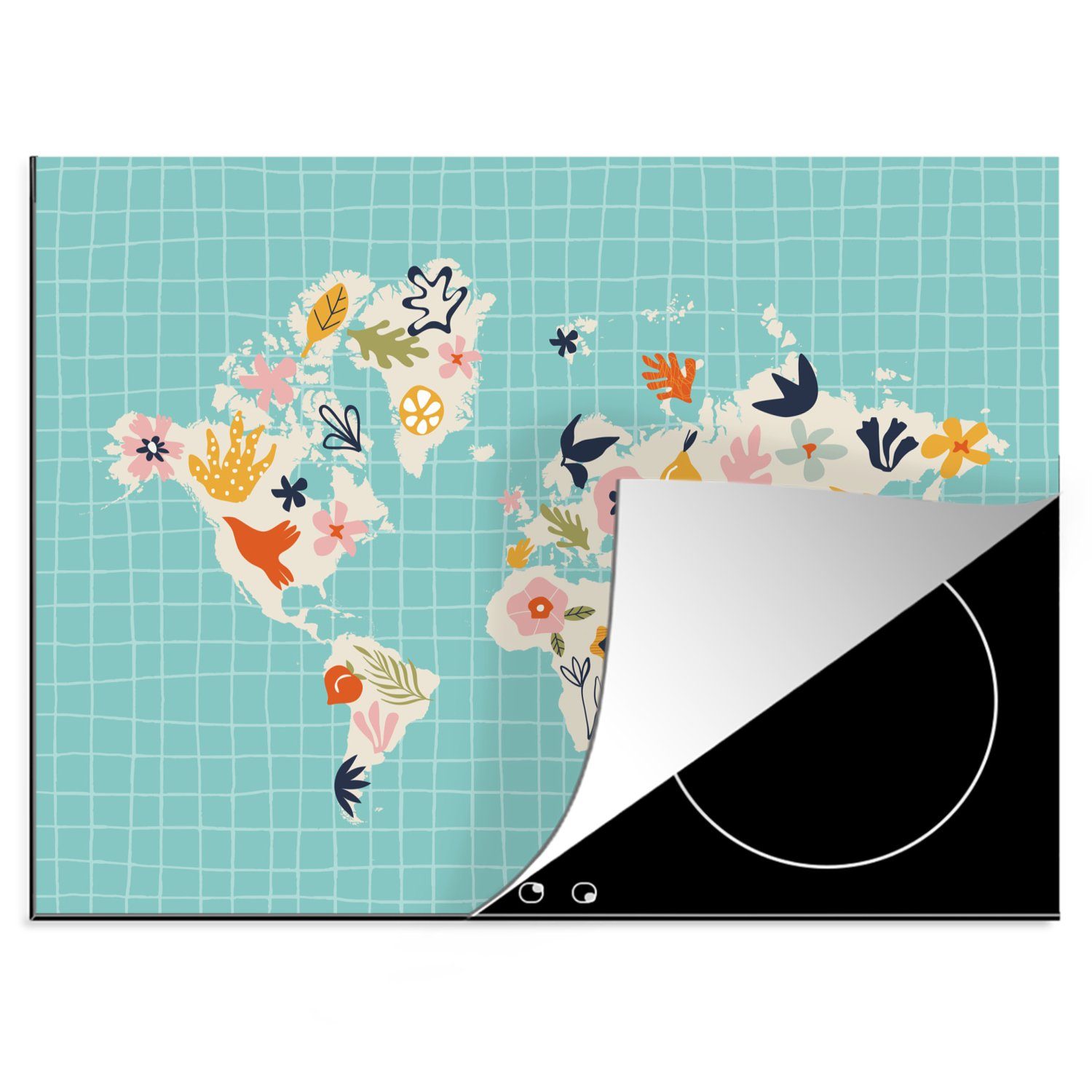 MuchoWow Herdblende-/Abdeckplatte Karte - Welt - Blumen - Obst, Vinyl, (1 tlg), 70x52 cm, Mobile Arbeitsfläche nutzbar, Ceranfeldabdeckung