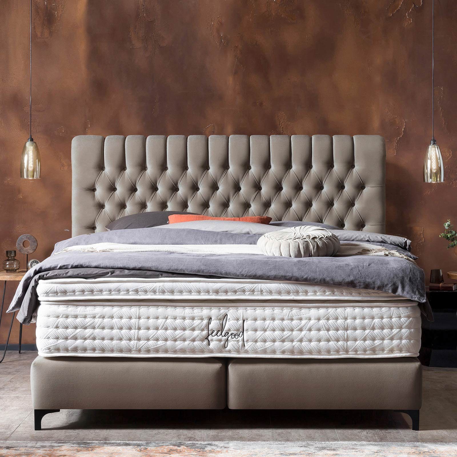 cm, Boxspringbett 200 Topper, Taupe in Chesterfield-Design + Metallfüße (140 BettCo optionaler Schwarze x Velours), Chester