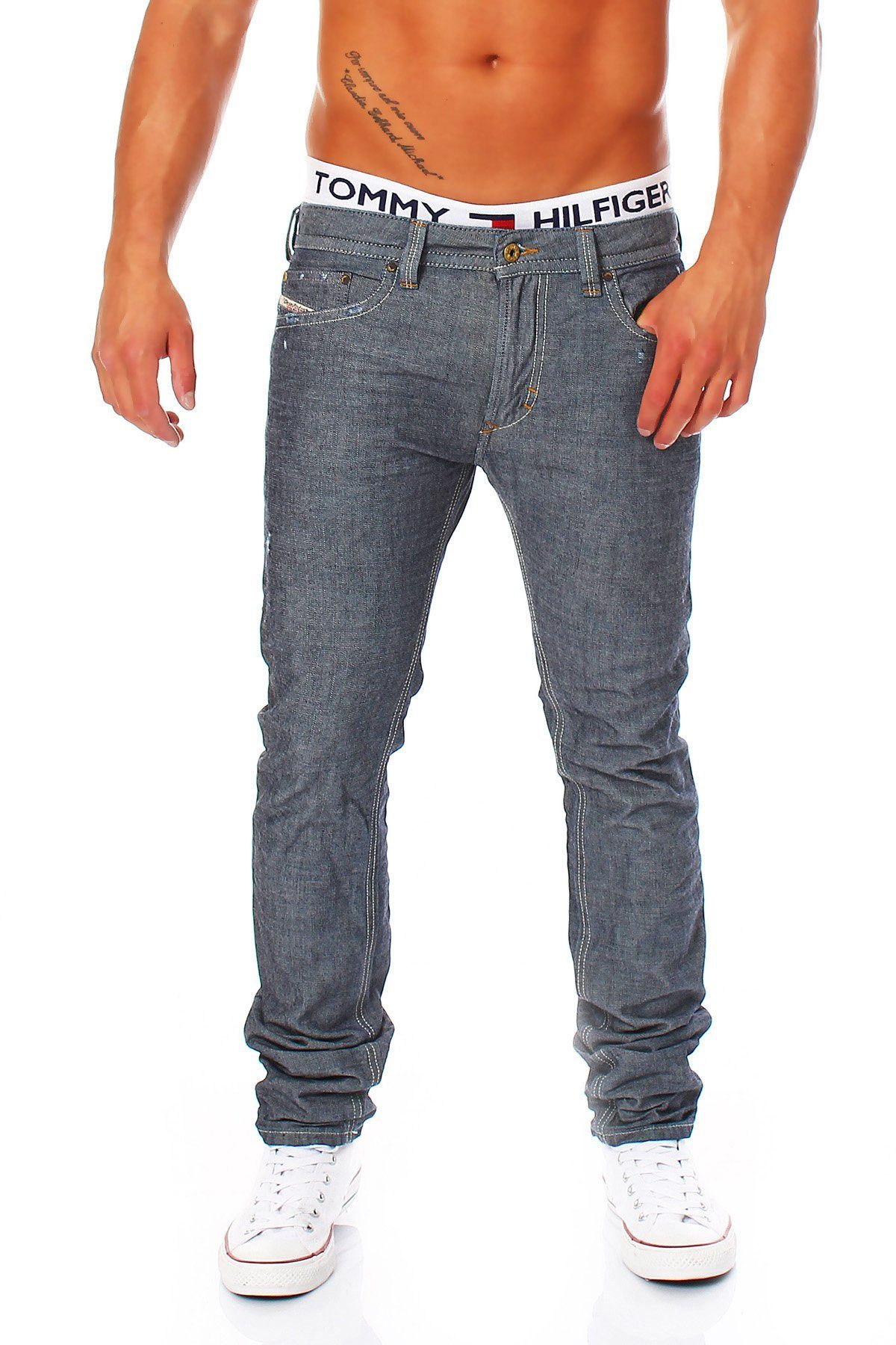 Diesel Slim-fit-Jeans Herren Thavar 0809D Blau-Grau, Style, Dezenter Used-Look Pocket Röhrenjeans, 5
